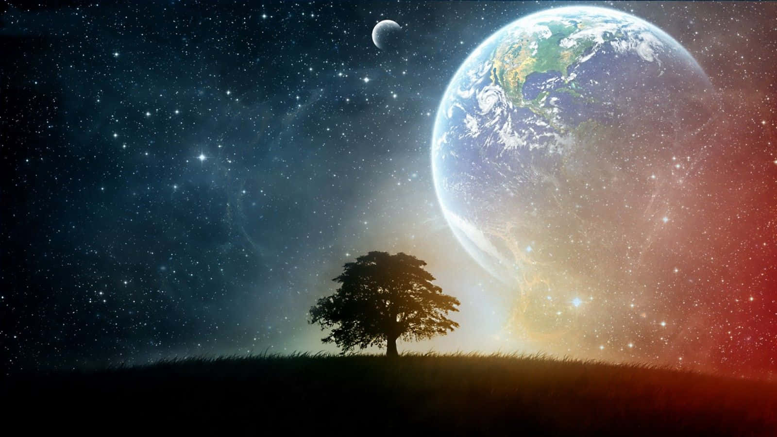外太空 桌布 壁紙 — 一座山丘上孤獨的樹木剪影，凝視著星空宇宙背景下的巨大地球與新月。