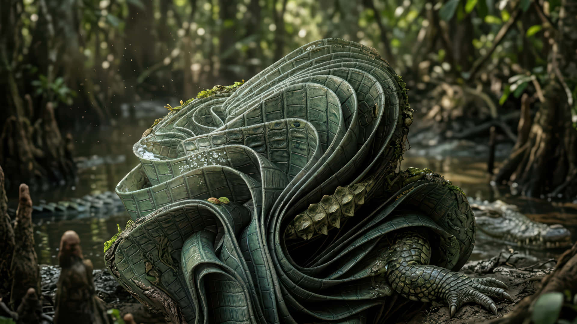 Crocodile Bloom modded wallpaper for desktop Enhancement, 壁紙 — 一座巨大、長滿苔蘚的鱷魚雕塑蜿蜒穿過迷霧沼澤，周圍有盤根錯節的樹根和斑駁的光影。