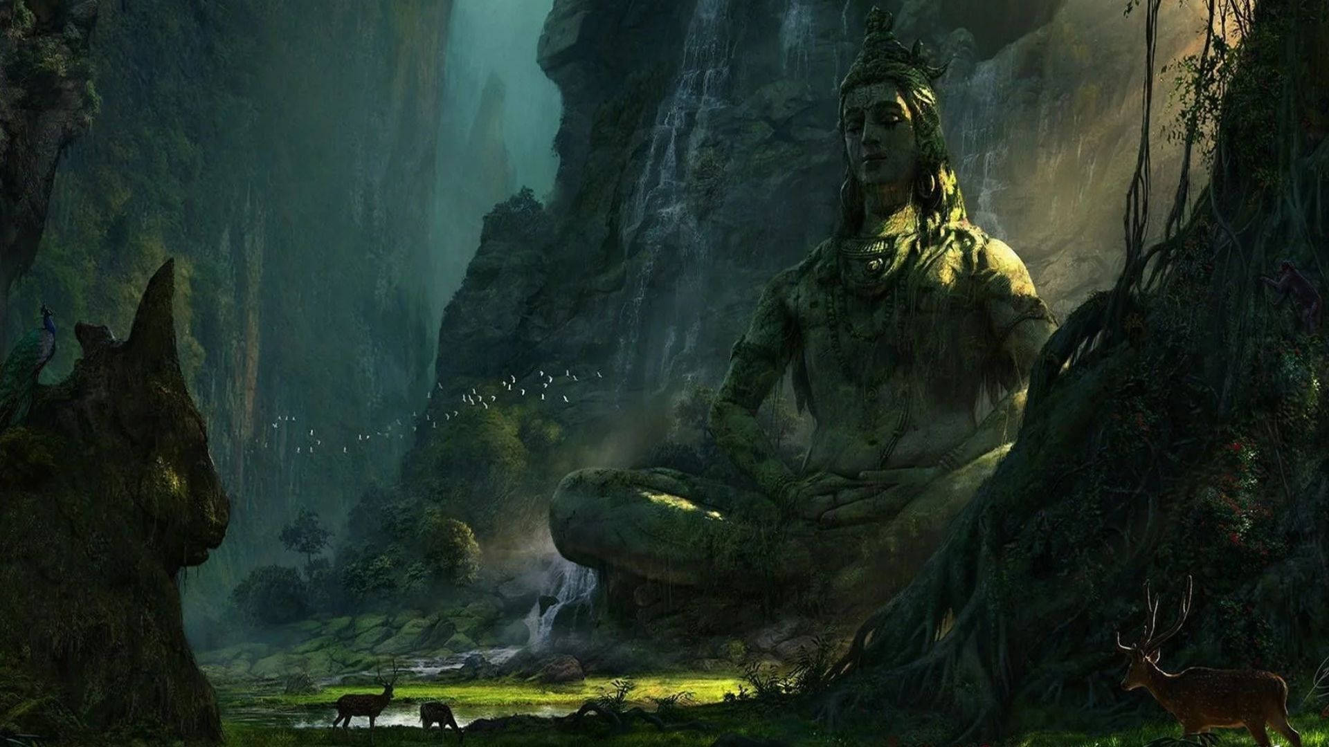 古老石像在茂密叢林中冥想，周圍有瀑布和鹿。