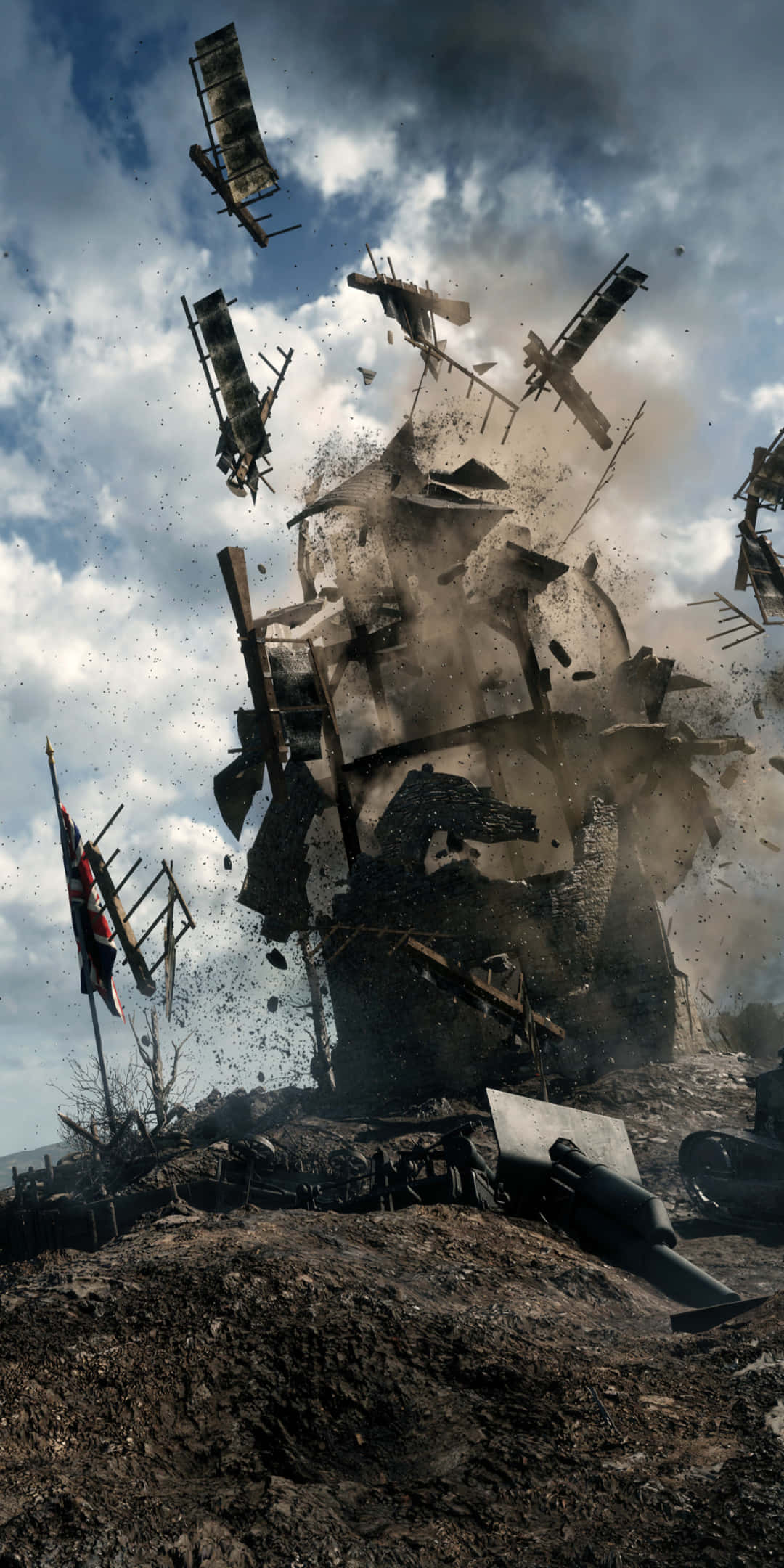 Pixel 3 Battlefield 1 桌布 壁紙 — 一座巨大建築物在猛烈爆炸中倒塌，碎片和扭曲的金屬飛向暴風雨的天空。