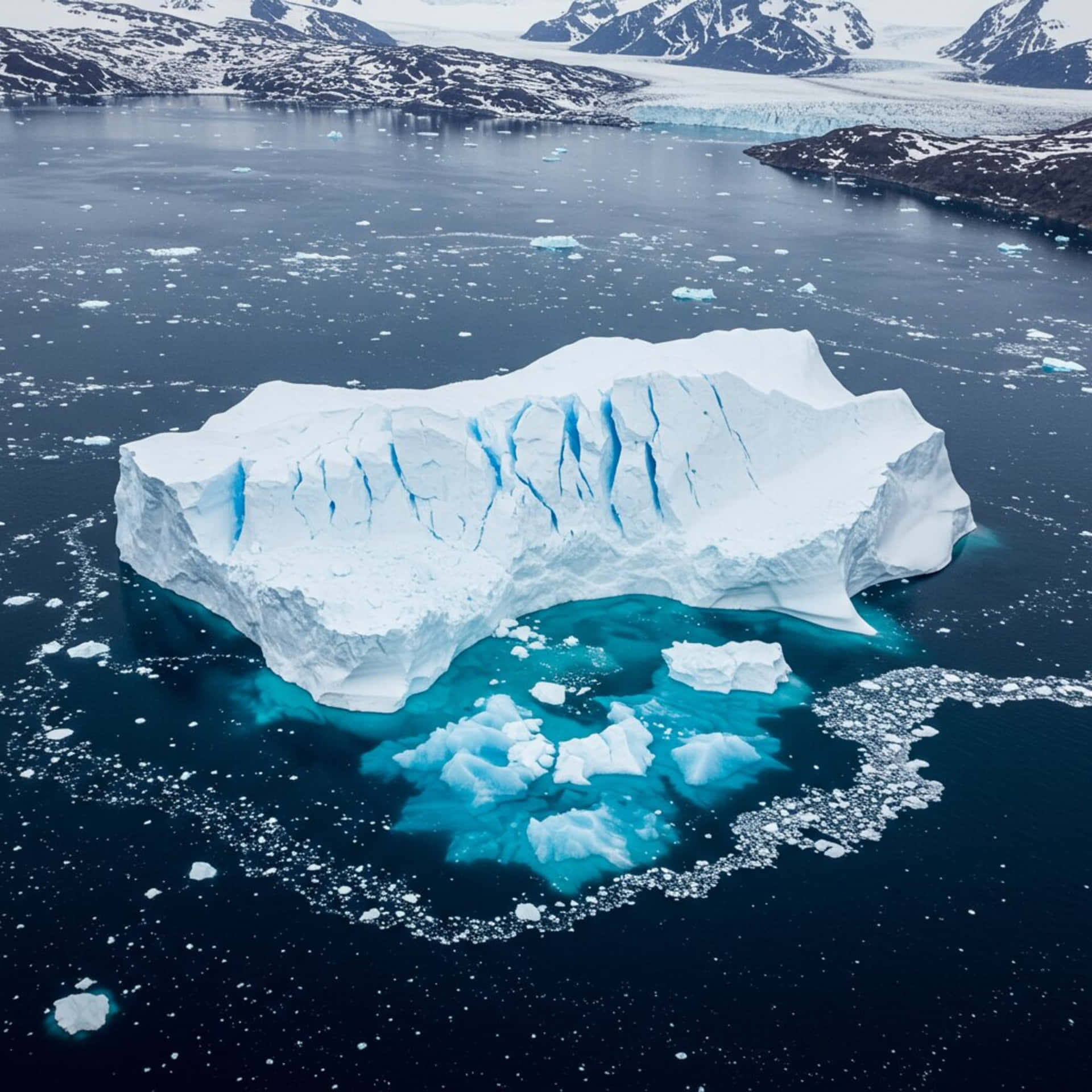 Ice in the sea 壁紙 — 一座巨大的冰山，帶有尖銳的藍色裂縫，漂浮在黑暗的海水中，周圍是白雪覆蓋的山脈。