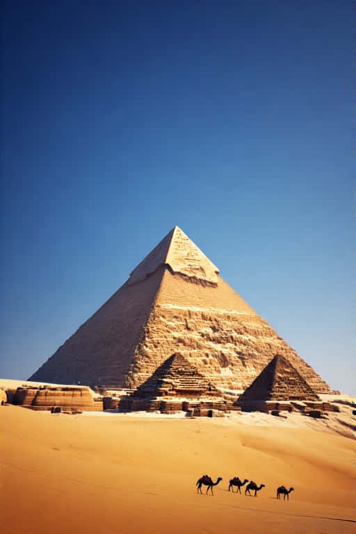 Pyramids of Giza Timeless Desert 4K 壁紙 — 一座巨大的古老金字塔在清澈的藍天下聳立，四隻駱駝在下方金色的沙漠沙地上跋涉。
