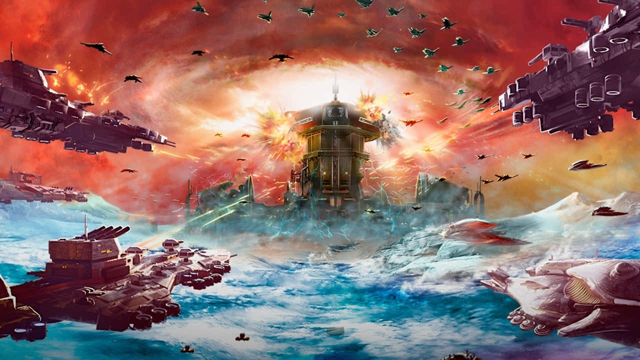 Ashes Of The Singularity 桌布 壁紙 — 一座巨大的堡壘從洶湧的藍色海水中升起，巨大的軍艦和戰鬥機在火紅橙色的天空下戰鬥。