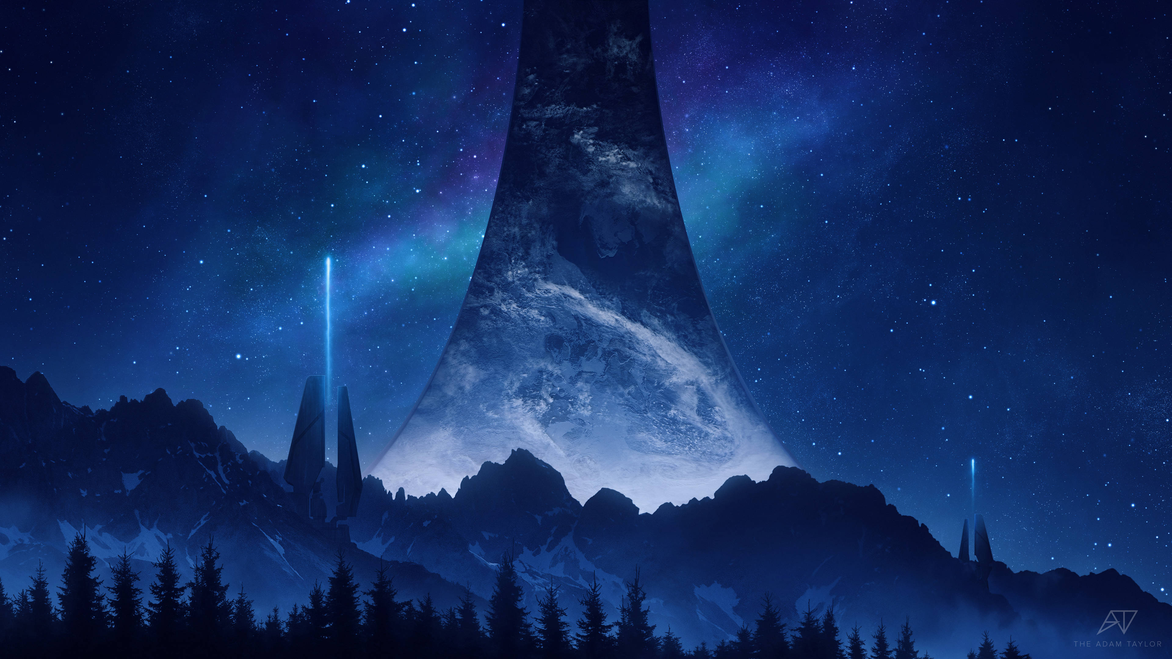 4K halo 桌布 壁紙 — 一座巨大的宇宙山脈聳立在積雪的山峰之上，星空星雲的天空中閃爍著尖塔。