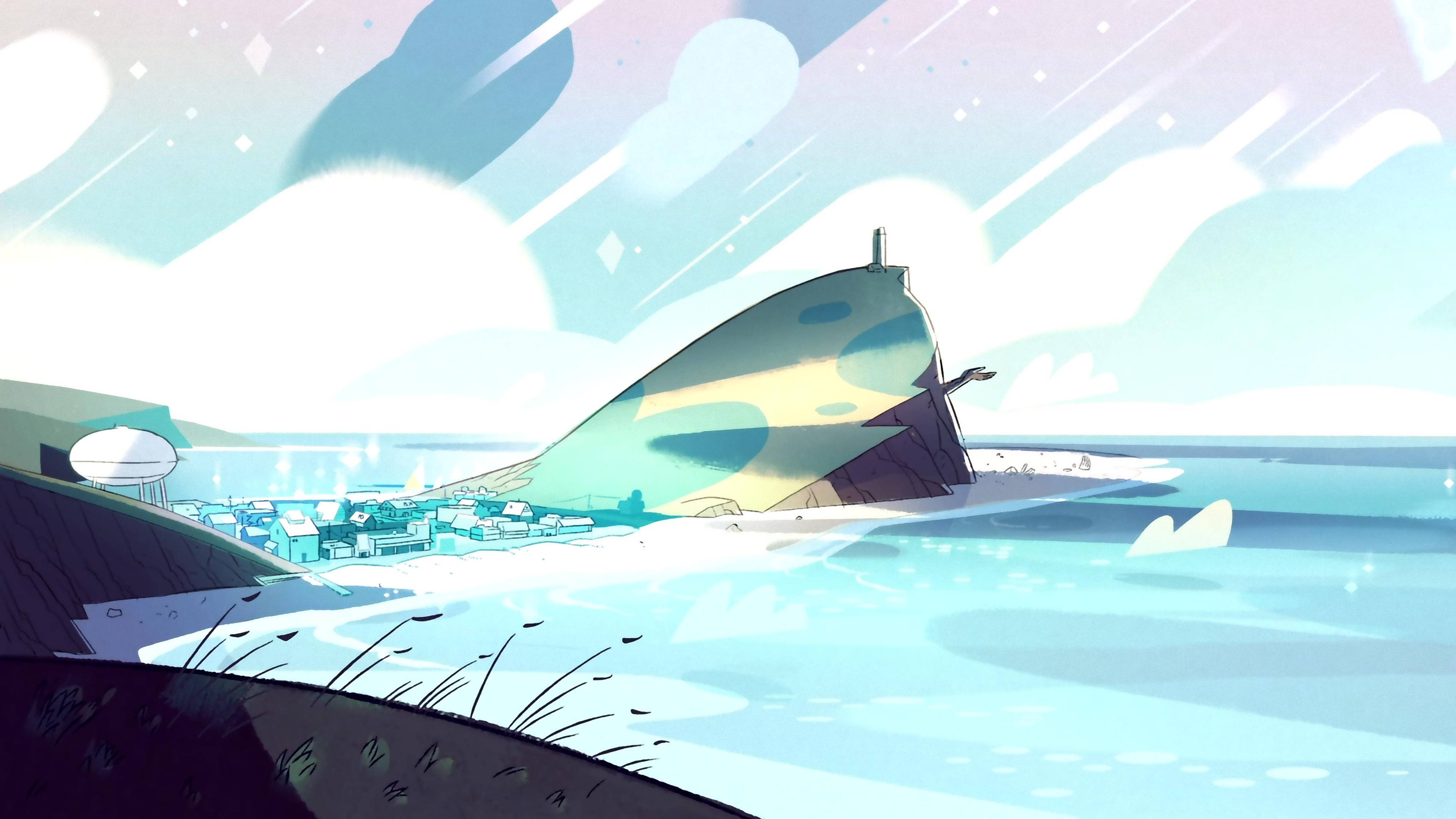 Steven Universe iPad 桌布 壁紙 — 一座巨大的寶石山坐落於雪岸上，旁邊是一座未來城市，上方是星空和流動的光線。