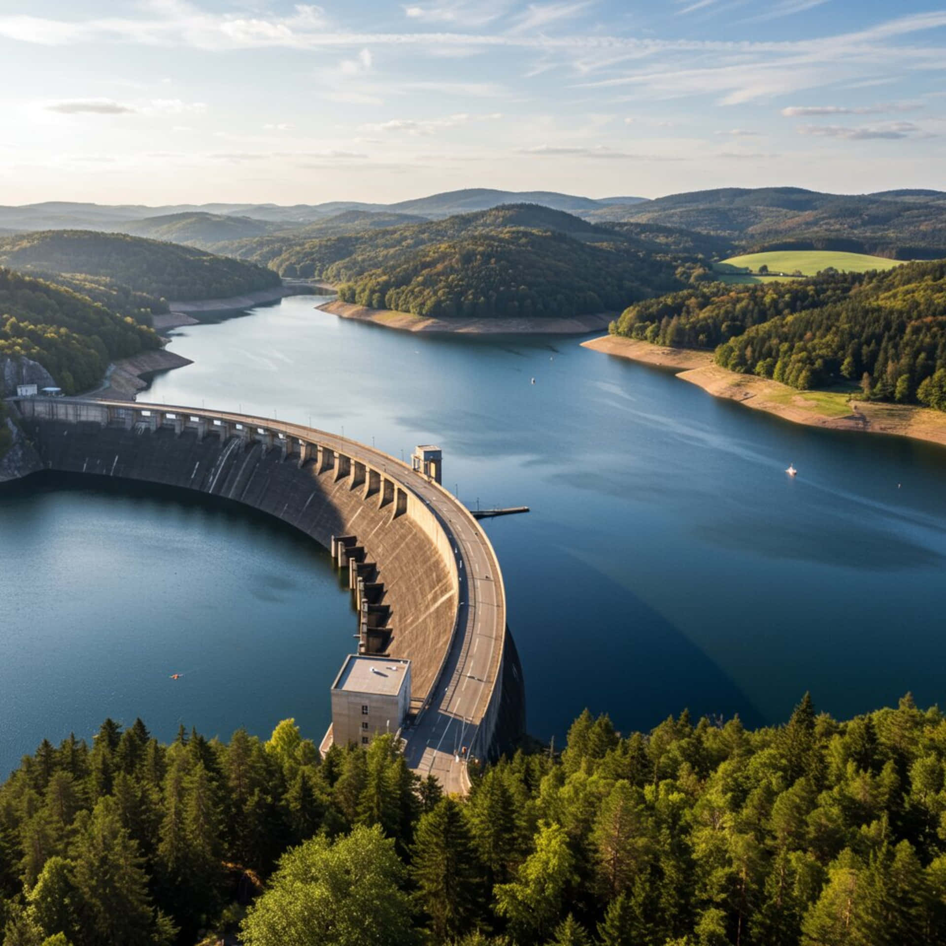 Dam on the lake 壁紙 — 一座巨大的弧形混凝土水壩攔住了深藍色的水，周圍是茂密的綠色森林和起伏的丘陵，天空部分多雲。