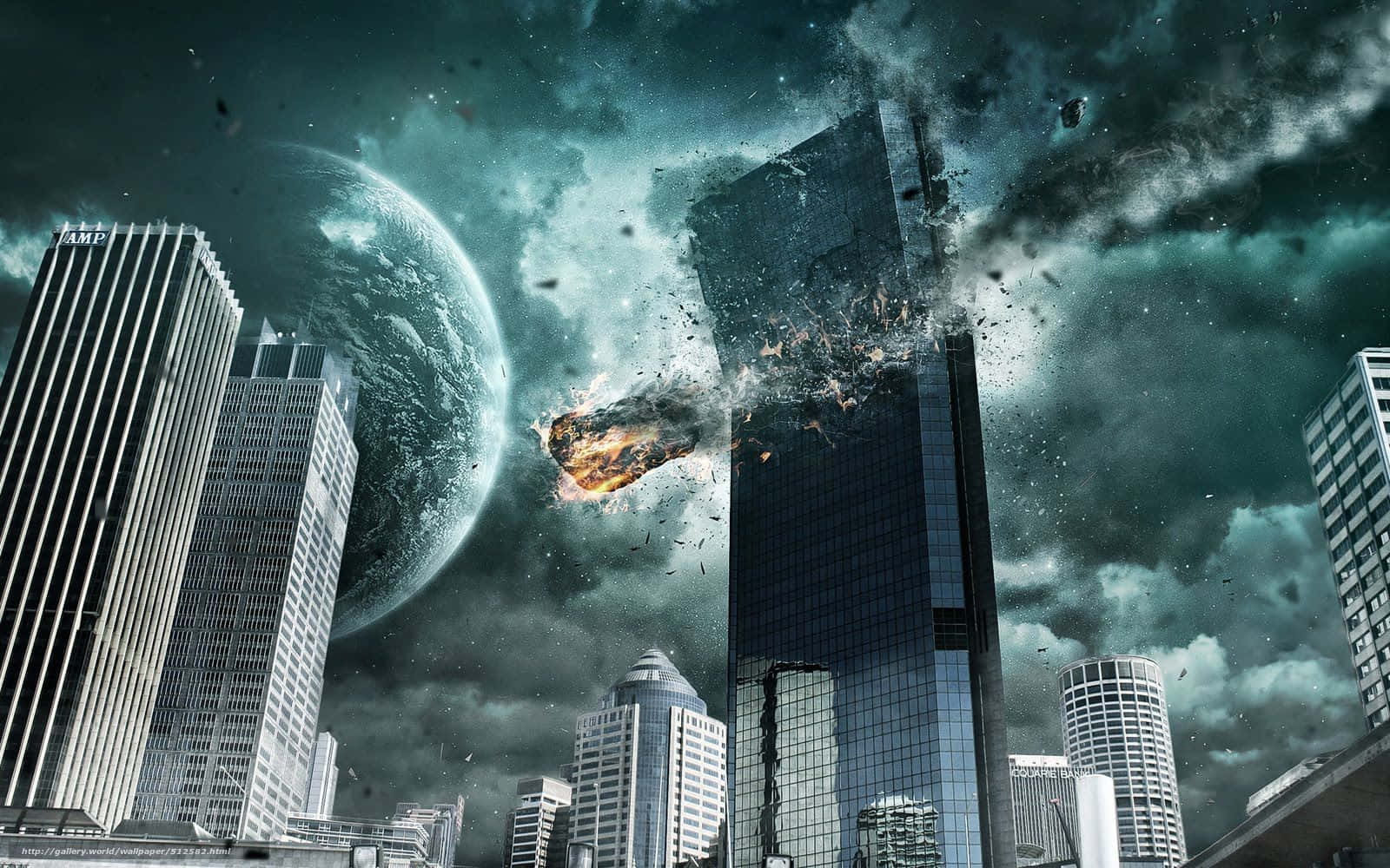 一座城市摩天大樓爆炸，流星穿過暴風雨的天空，可以看到一顆行星。 — 行星動畫 壁紙