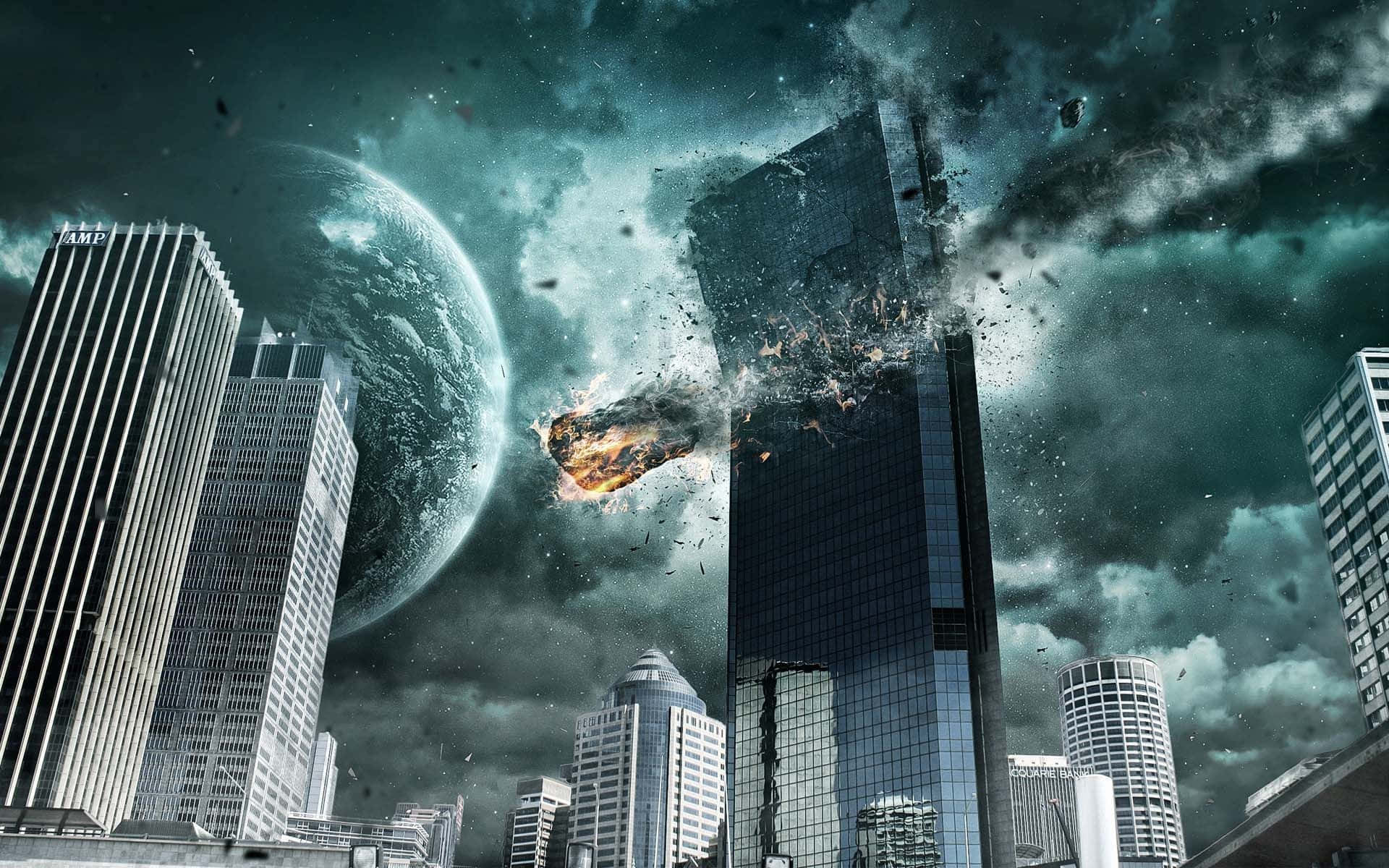 Burning City 桌布 壁紙 — 一座巨大的摩天大樓爆炸，一顆熾熱的流星穿過暴風雨的天空，背景中有一個行星的未來城市景觀。