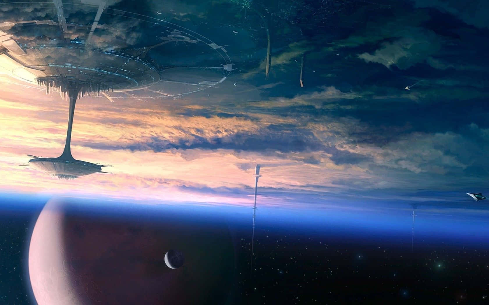 Bespin 桌布 壁紙 — 一座巨大的未來太空站懸浮在一顆行星上方，夕陽西下，有鮮豔的橙色雲朵和遙遠的星星。