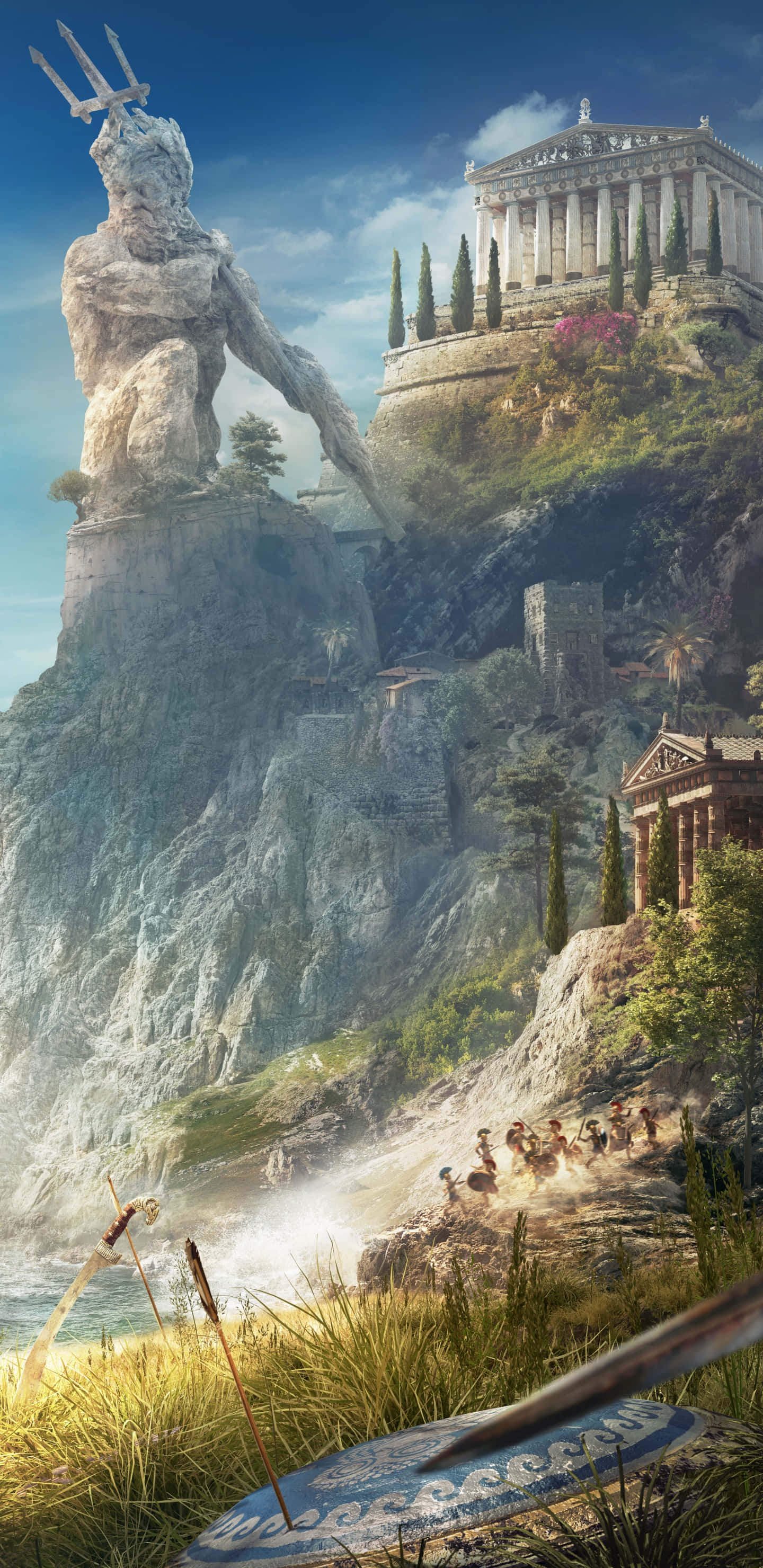 Android Assassin's Creed Odyssey 桌布 壁紙 — 一座巨大的波塞冬石像手持三叉戟，矗立在懸崖上，旁邊是古希臘神廟和一條有遊客的海岸小徑。