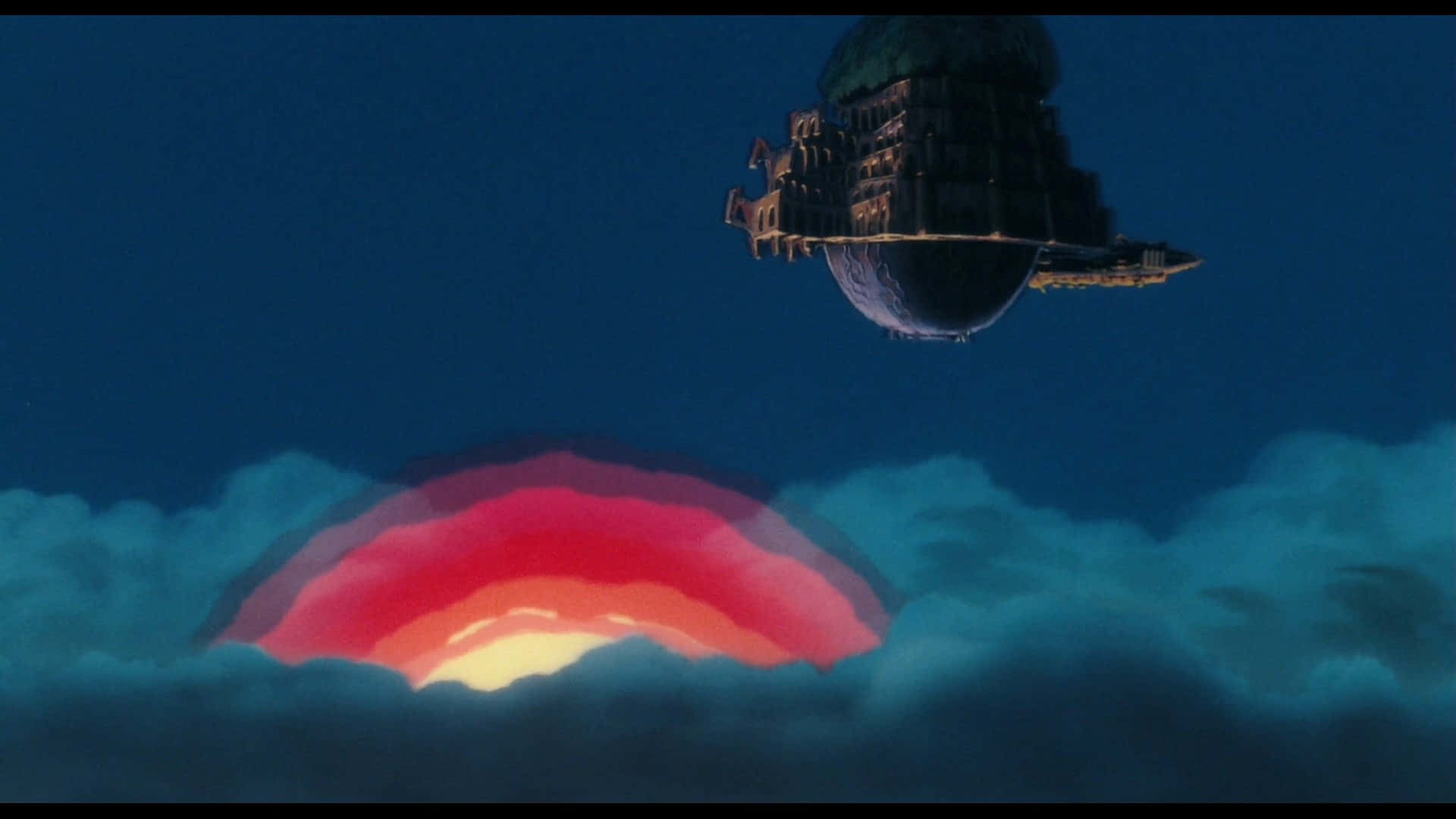 Laputa Castle In The Sky 桌布 壁紙 — 一座巨大的浮動城堡懸浮在從烏雲中窺視的鮮豔紅色和橙色日落之上。