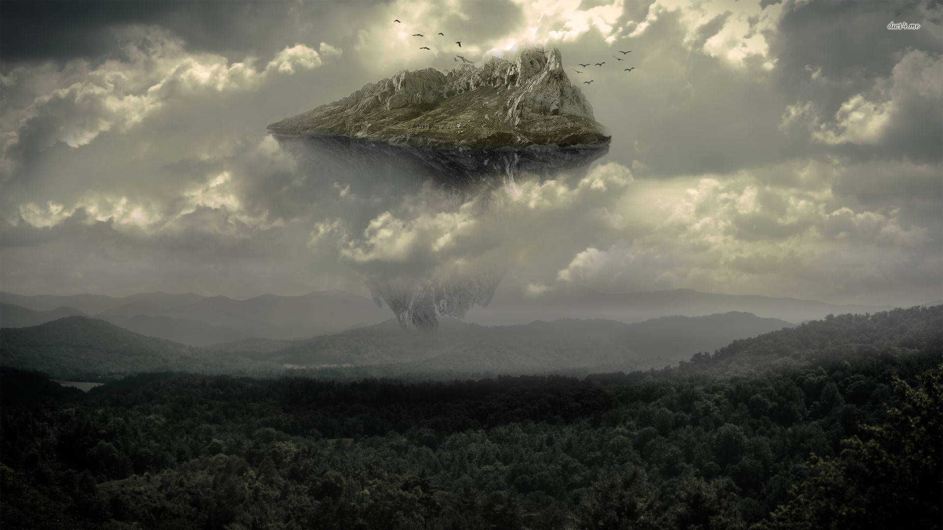 Floating 桌布 壁紙 — 一座巨大的浮空山懸浮在暴風雨的天空中，下方是茂密的森林山谷，鳥兒在周圍飛翔。
