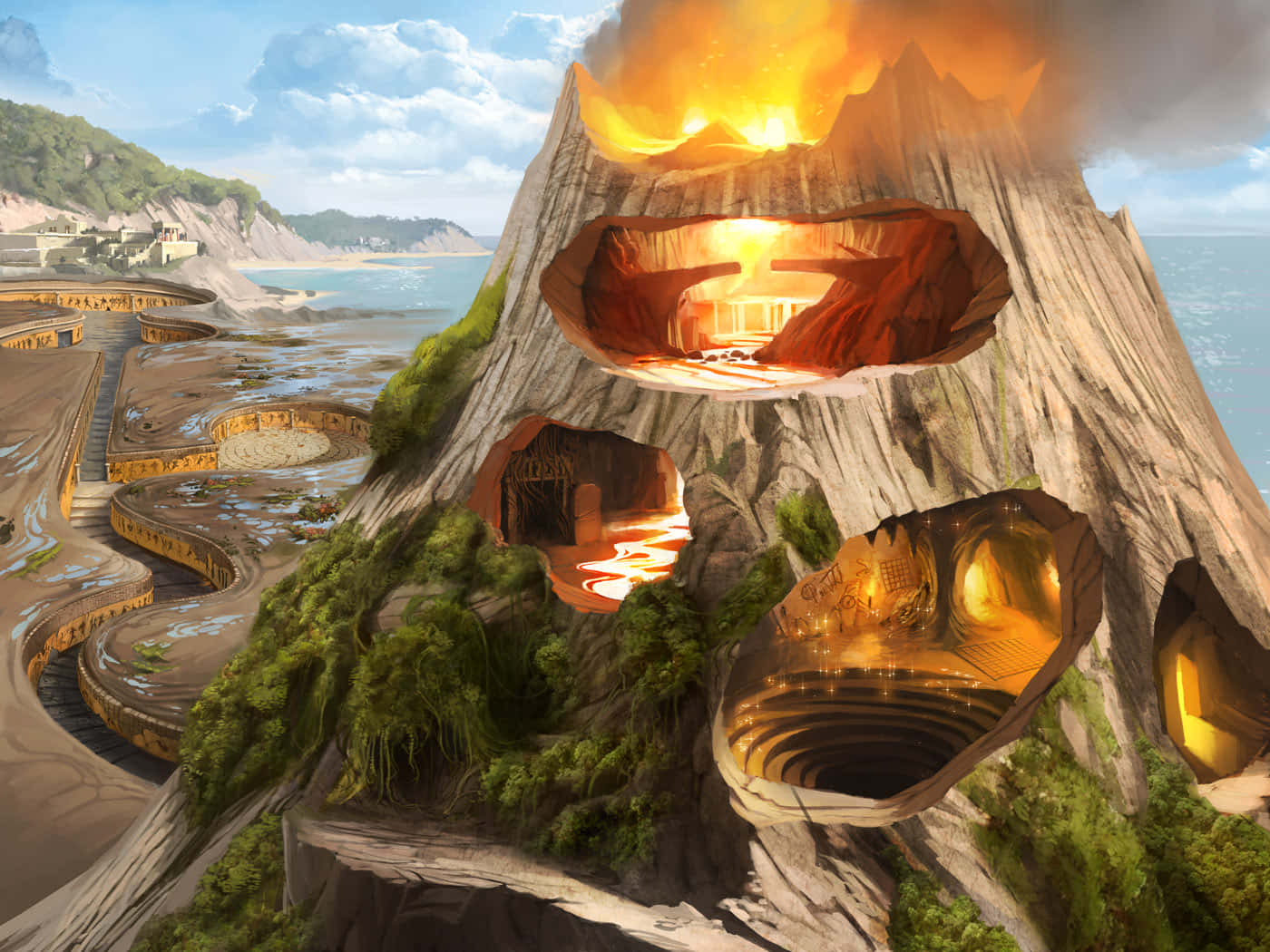 Kids Game 桌布 壁紙 — 一座巨大的火山，帶有發光的熔岩室和刻在其側面的古代遺跡，俯瞰著明亮天空下的海岸灣。
