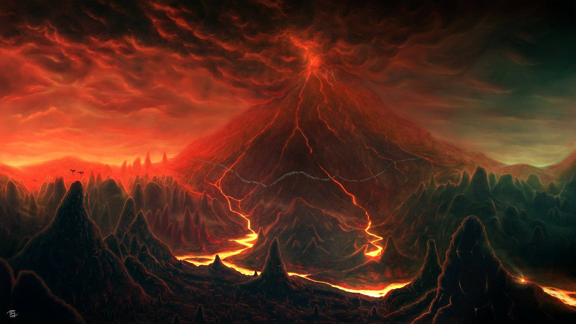 紅色山脈 桌布 壁紙 — 一座巨大的火山爆發，發光的熔岩河流在火紅的天空下切割穿過鋸齒狀的黑色山脈。