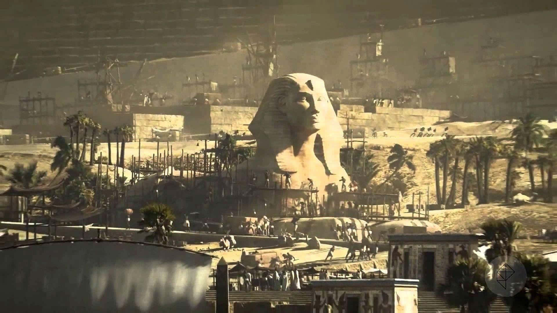 Civilization Beyond Earth 桌布 壁紙 — 一座巨大的獅身人面像主宰著塵土飛揚的古埃及城市景觀，天空朦朧金黃，有棕櫚樹和工人。