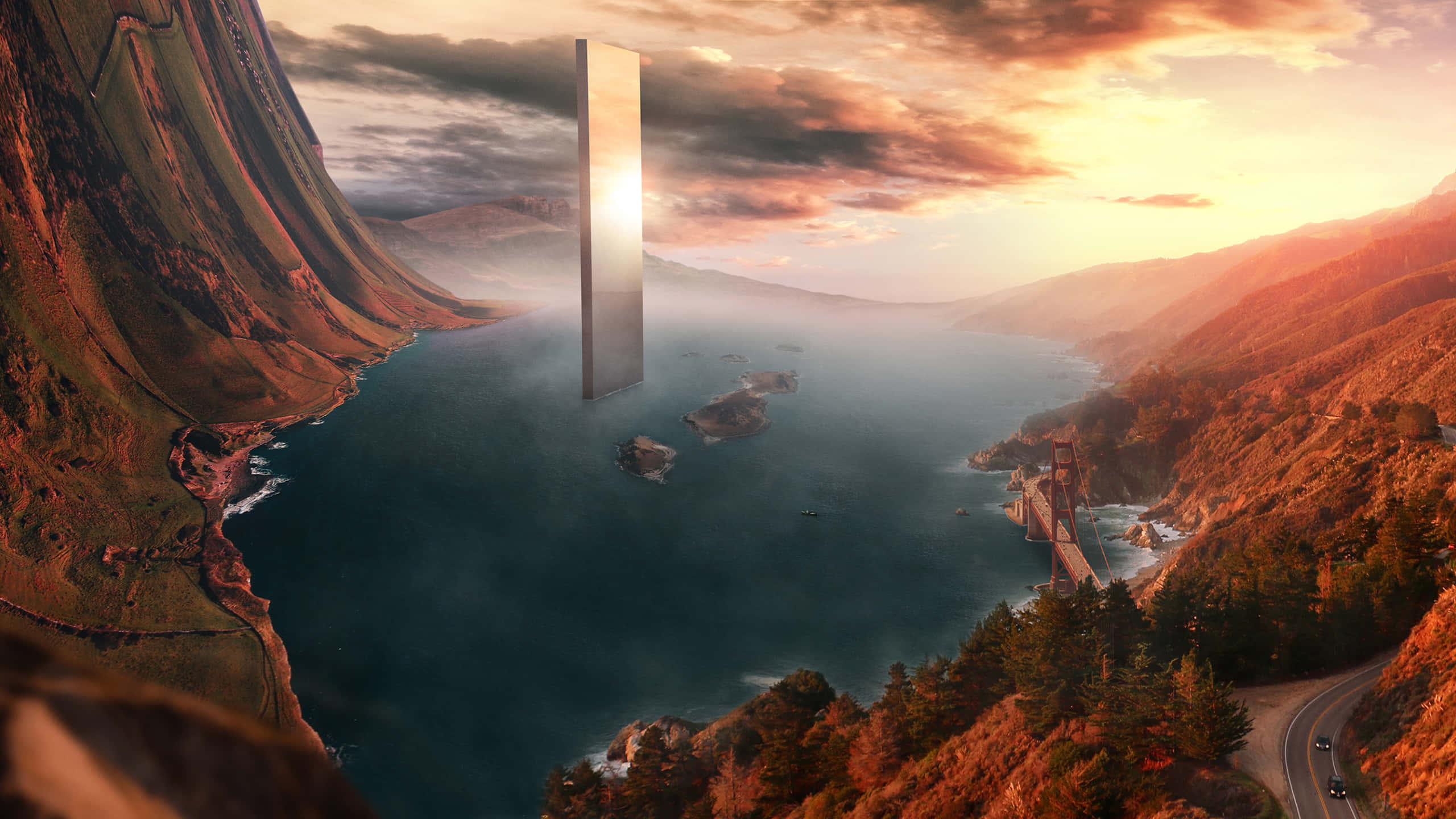 Surrealism 桌布 壁紙 — 一座巨大的發光巨石從霧氣瀰漫的海灣中升起，在日落時分，被崎嶇的懸崖和遠處的橋樑環繞。