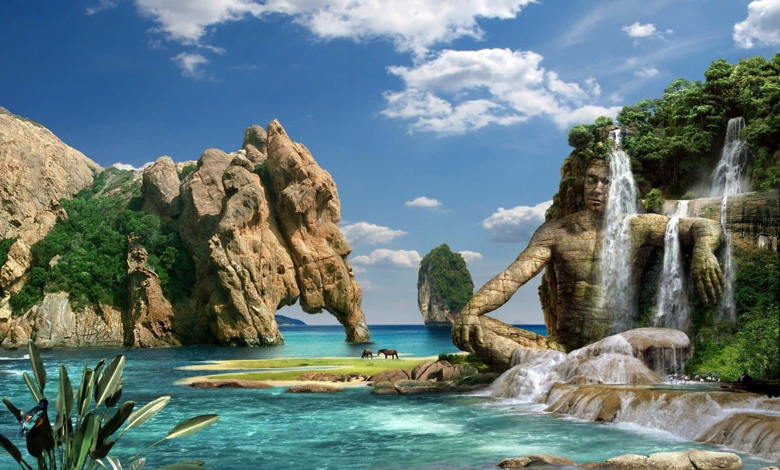 paradise 桌布 壁紙 — 一座巨大的石像，瀑布從其形態傾瀉而下，俯瞰著一個碧綠色的海灣，周圍有岩石峭壁和一個天然拱門。