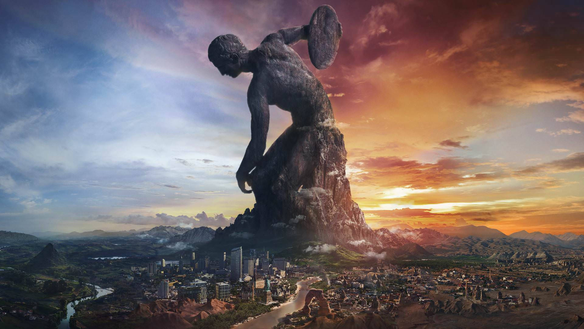 civilization 5 桌布 壁紙 — 一座巨大的石泰坦雕像聳立在日落時分蔓延的城市之上，伴隨著火紅的橙色雲彩和遠山。