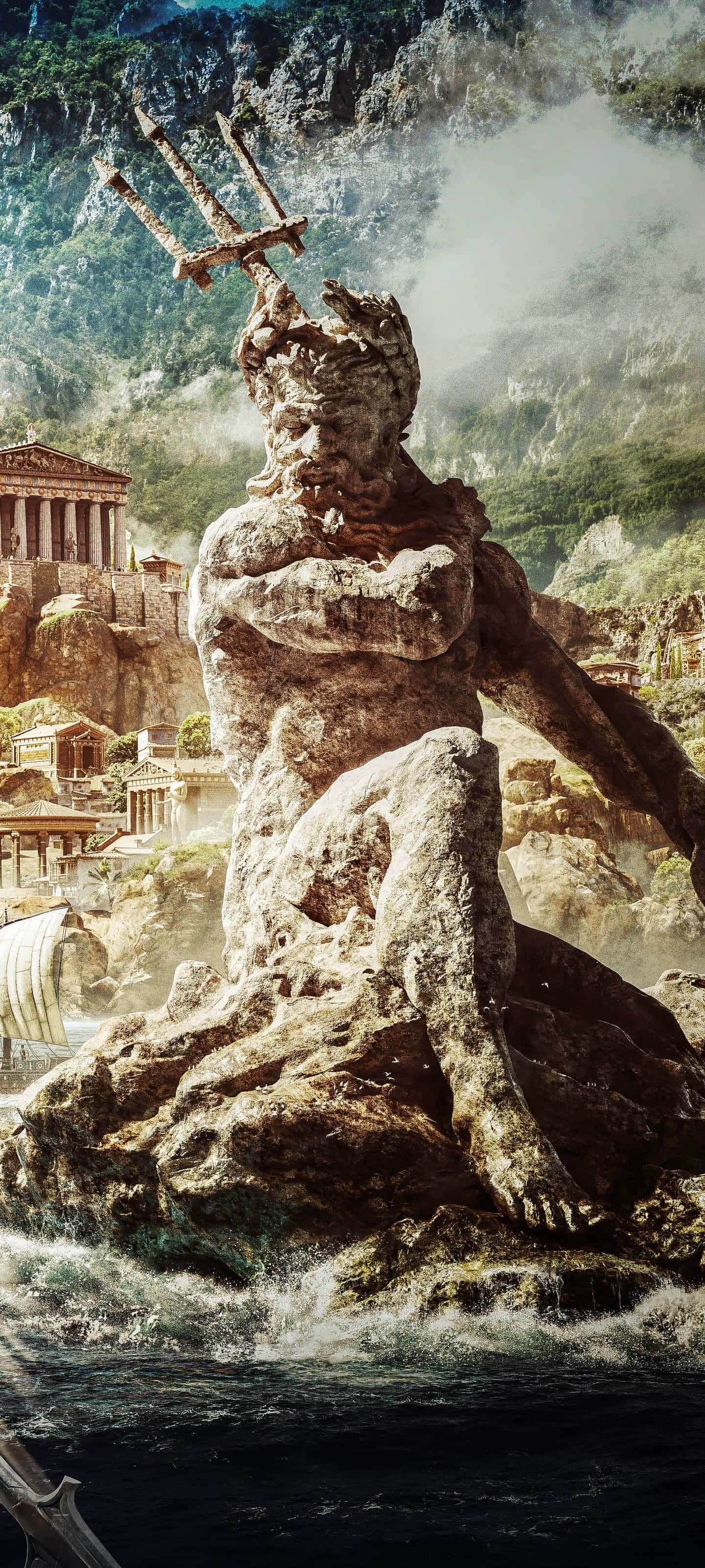 Android Assassin's Creed Odyssey 桌布 壁紙 — 一座巨大的神話海神石像手持三叉戟從洶湧波濤中升起，旁邊是古希臘遺跡。
