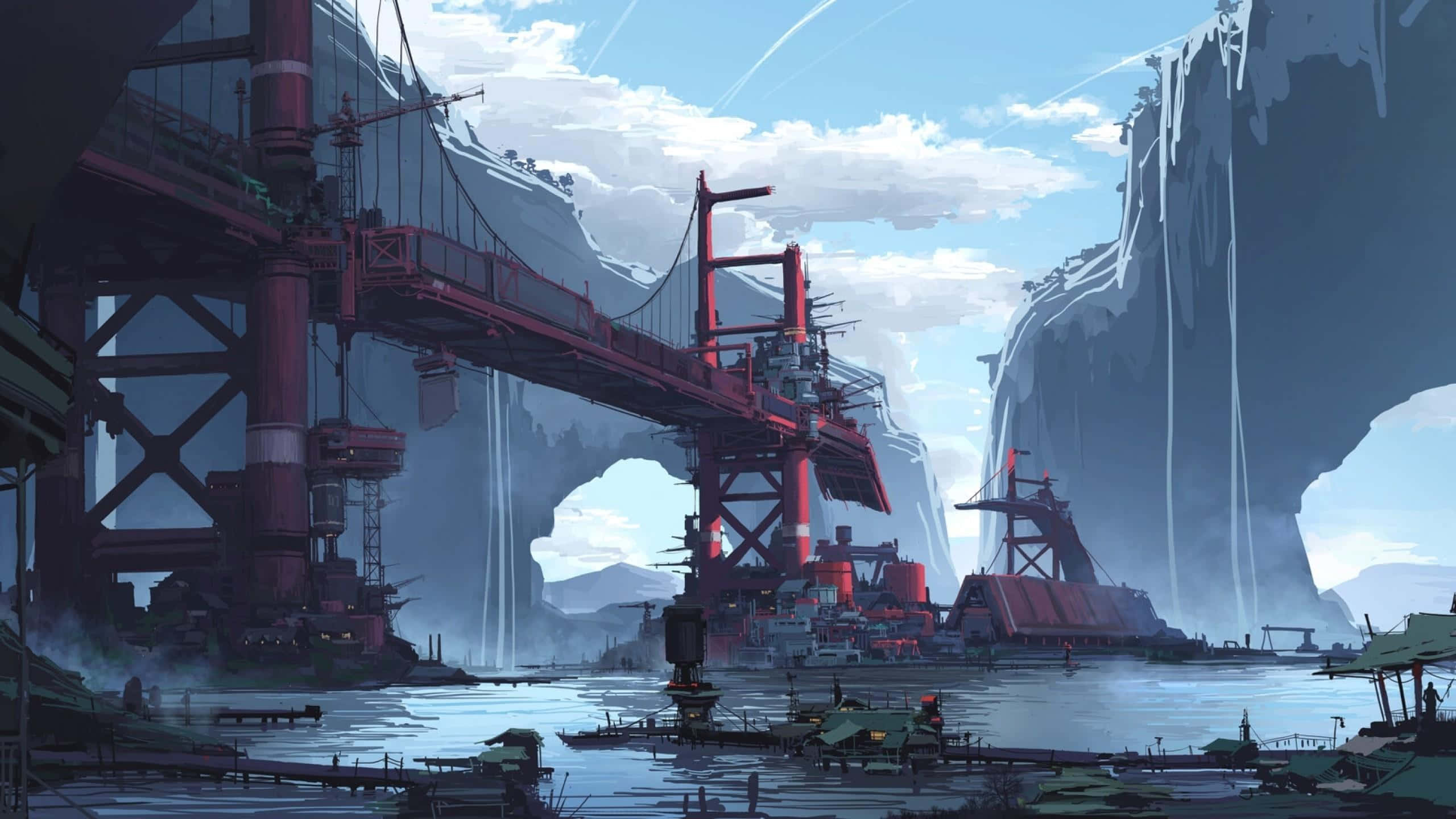 Industrious 桌布 壁紙 — 一座巨大的紅色吊橋橫跨霧氣瀰漫的峽谷，瀑布從陡峭的懸崖傾瀉而下，天空湛藍明亮。