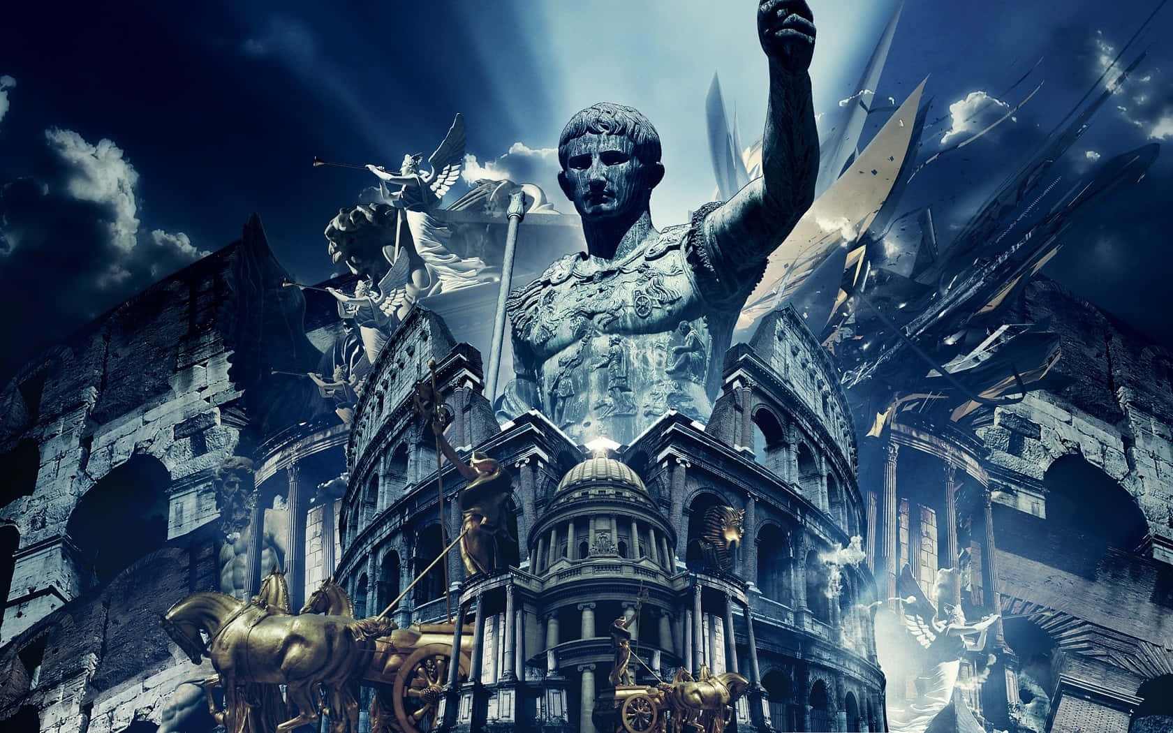 history 桌布 壁紙 — 一座巨大的羅馬皇帝雕像聳立在 crumbling 的競技場之上，天空風暴密佈，伴隨著神聖人物和金色戰車。
