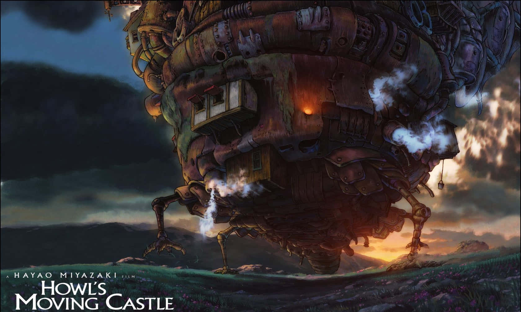 Howl's Moving Castle 桌布 壁紙 — 一座巨大的蒸氣龐克移動城堡，發光的窗戶和煙霧在暮色景觀中翻騰。