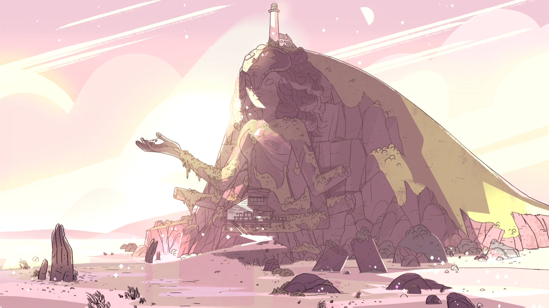 Steven Universe iPad 桌布 壁紙 — 一座巨大而寧靜的石像，伸出手臂，從沙漠中升起，天空呈現柔和的粉紅色和黃色。