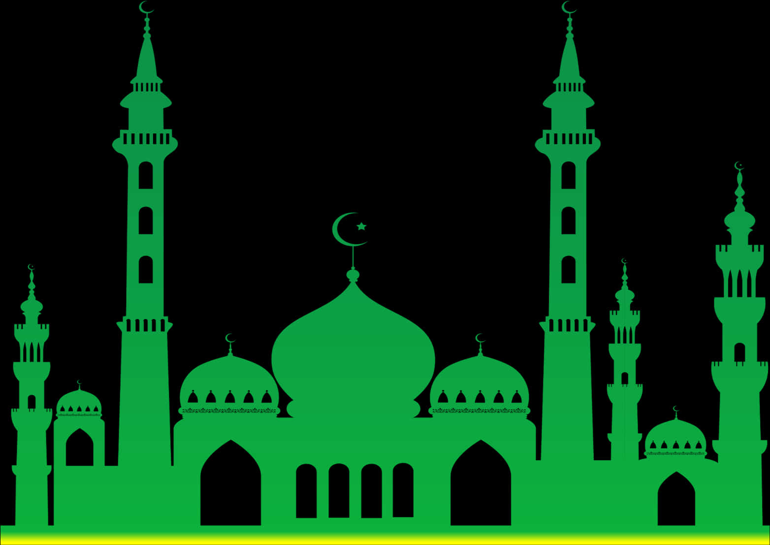 Mosque 桌布 壁紙 — 一座帶有圓頂和宣禮塔的清真寺的充滿活力的綠色剪影，矗立在黑色背景上，帶有發光的綠色底座。