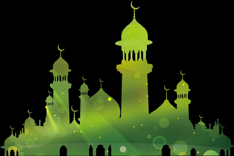 Mosque 桌布 壁紙 — 一座帶有圓頂和宣禮塔的清真寺的發光綠色剪影，背景為黑色，帶有散景燈光。