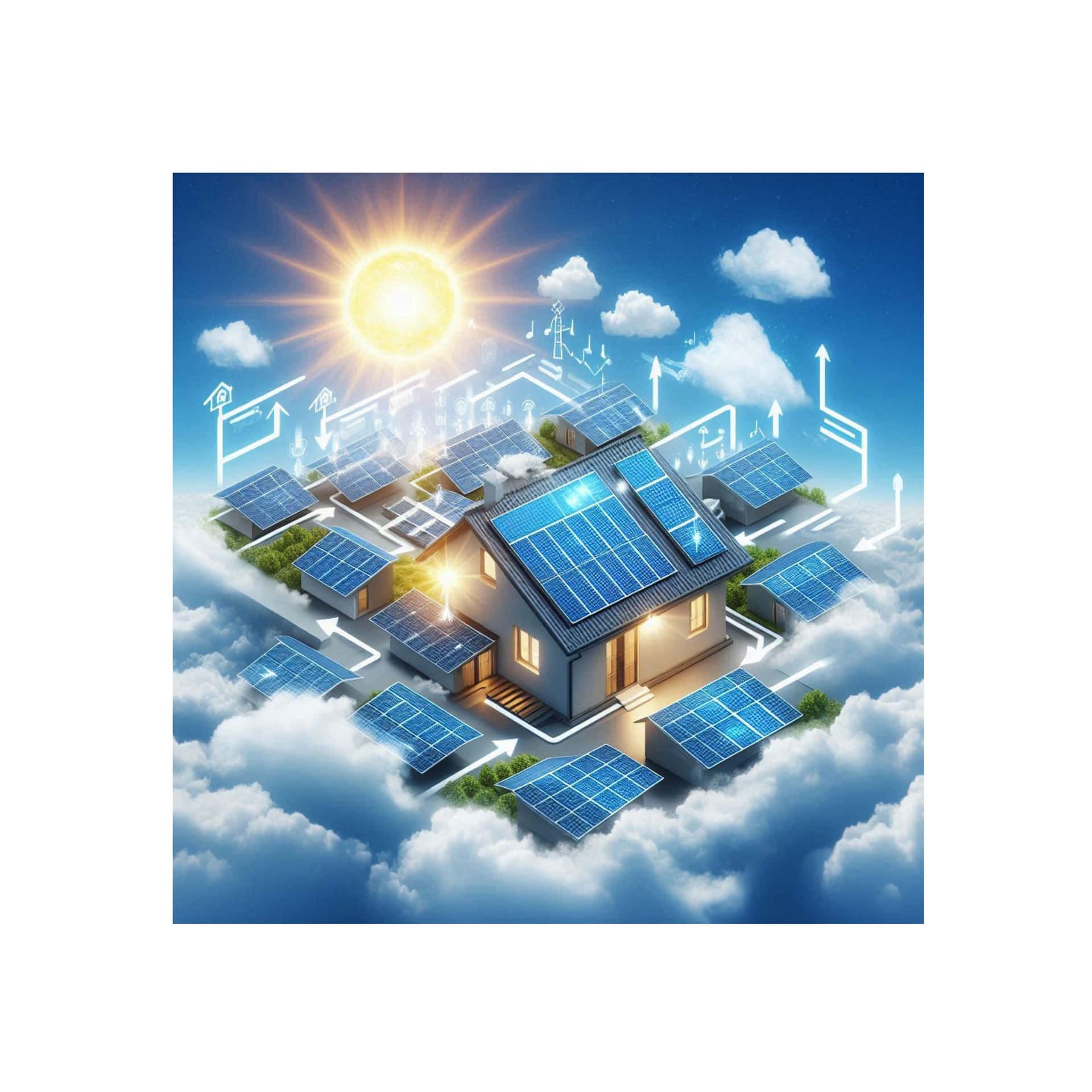 diagrammatic solar power drawing 壁紙 — 一座帶有太陽能板的未來主義房屋漂浮在雲層之上，太陽照射下來為能量流圖提供動力。