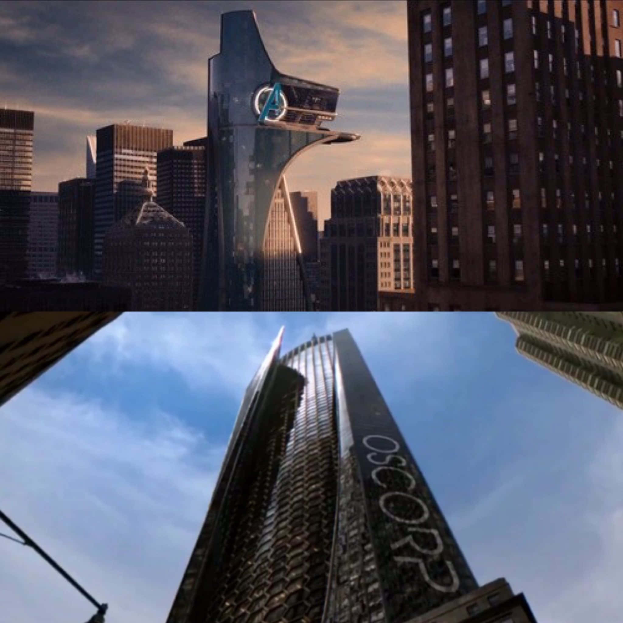Oscorp 桌布 壁紙 — 一座帶有發光復仇者聯盟標誌的未來主義摩天大樓在日落時分聳立於城市天際線之上，與藍天下時尚的奧斯科普大樓的低角度景觀並列。