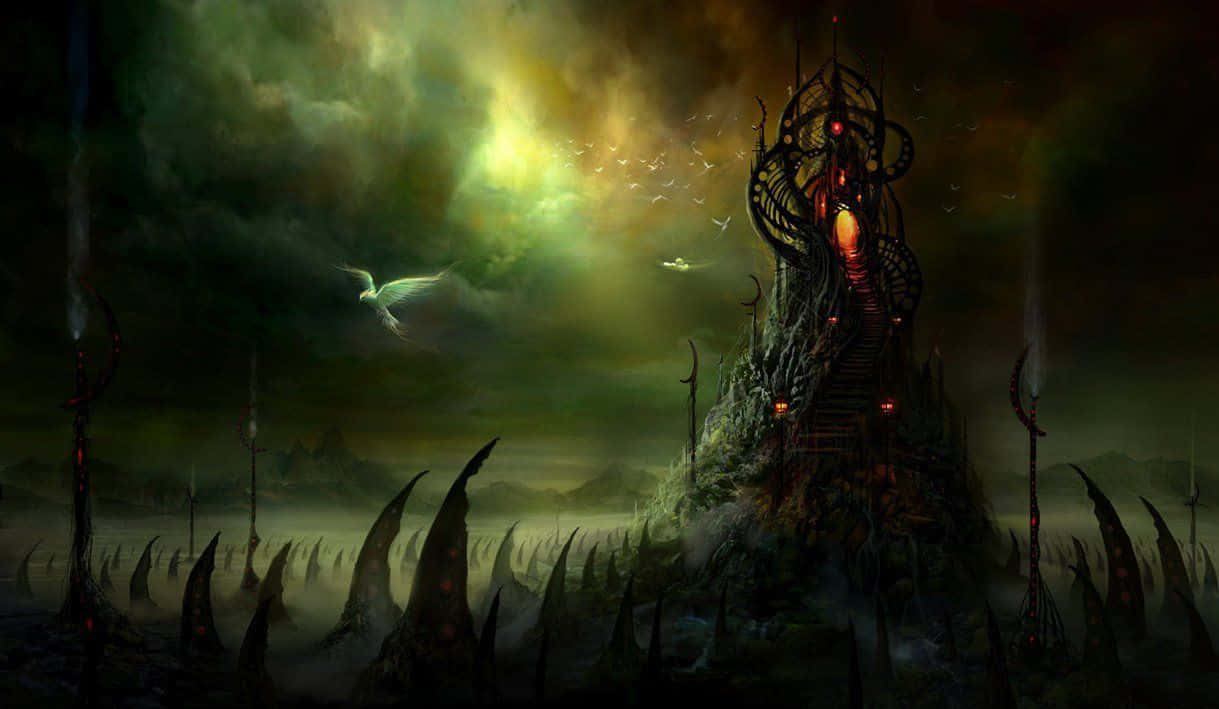 Hell 桌布 壁紙 — 一座帶有發光紅眼的黑暗奇幻城堡從霧氣瀰漫的戰場上升起，背景是暴風雨般的綠色和黃色天空。