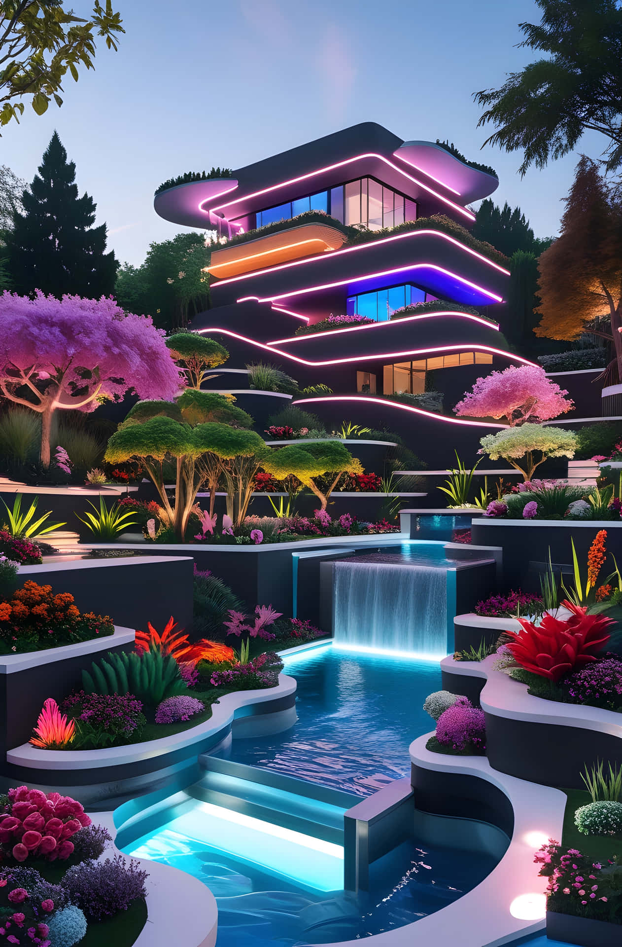 Cyberpunk Garden Villa 壁紙 — 一座帶有發光霓虹燈的未來感分層房屋坐落在一個鬱鬱蔥蔥的花園之上，花園內有層疊的水景和色彩繽紛的植物，在黃昏時分。