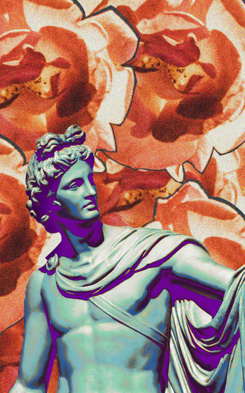 Statue Aesthetic 桌布 壁紙 — 一座帶有紫色亮點的古典大理石雕像，矗立在溫暖色調的鮮豔抽象花卉背景前。