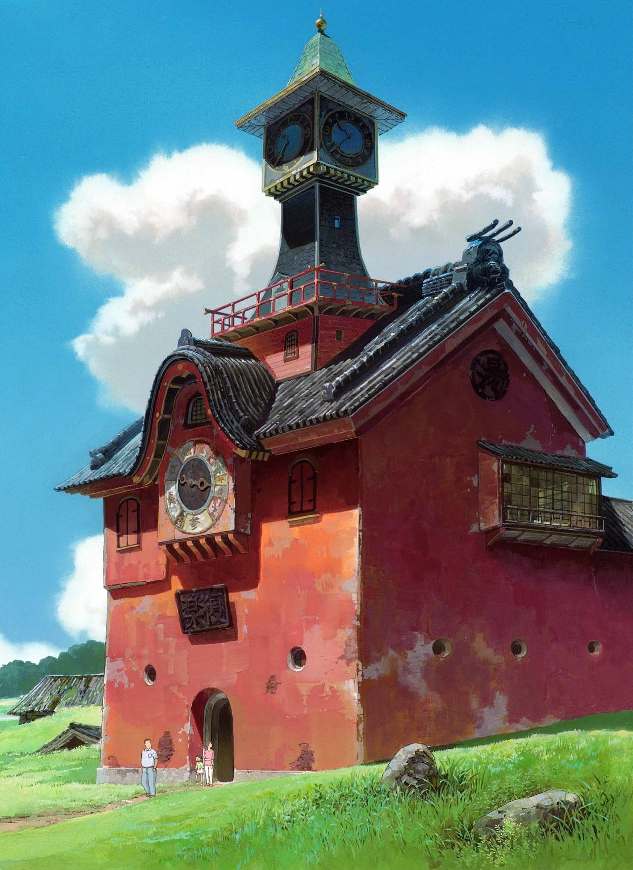 Studio 桌布 壁紙 — 一座帶有華麗細節的奇幻紅色鐘樓房屋，矗立在陽光明媚的綠色田野中，上方是晴朗的藍天和白雲。