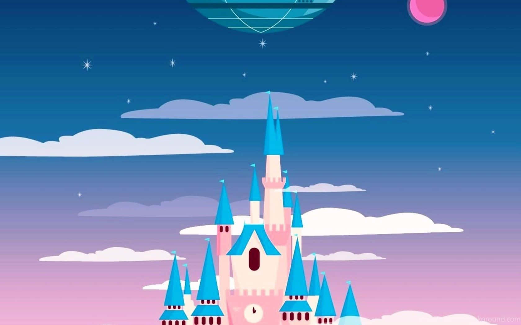 Aesthetic Disney Laptop 桌布 壁紙 — 一座帶有藍色尖頂的夢幻粉紅色城堡，在點綴著星星和粉紅色月亮的暮色天空下聳立。