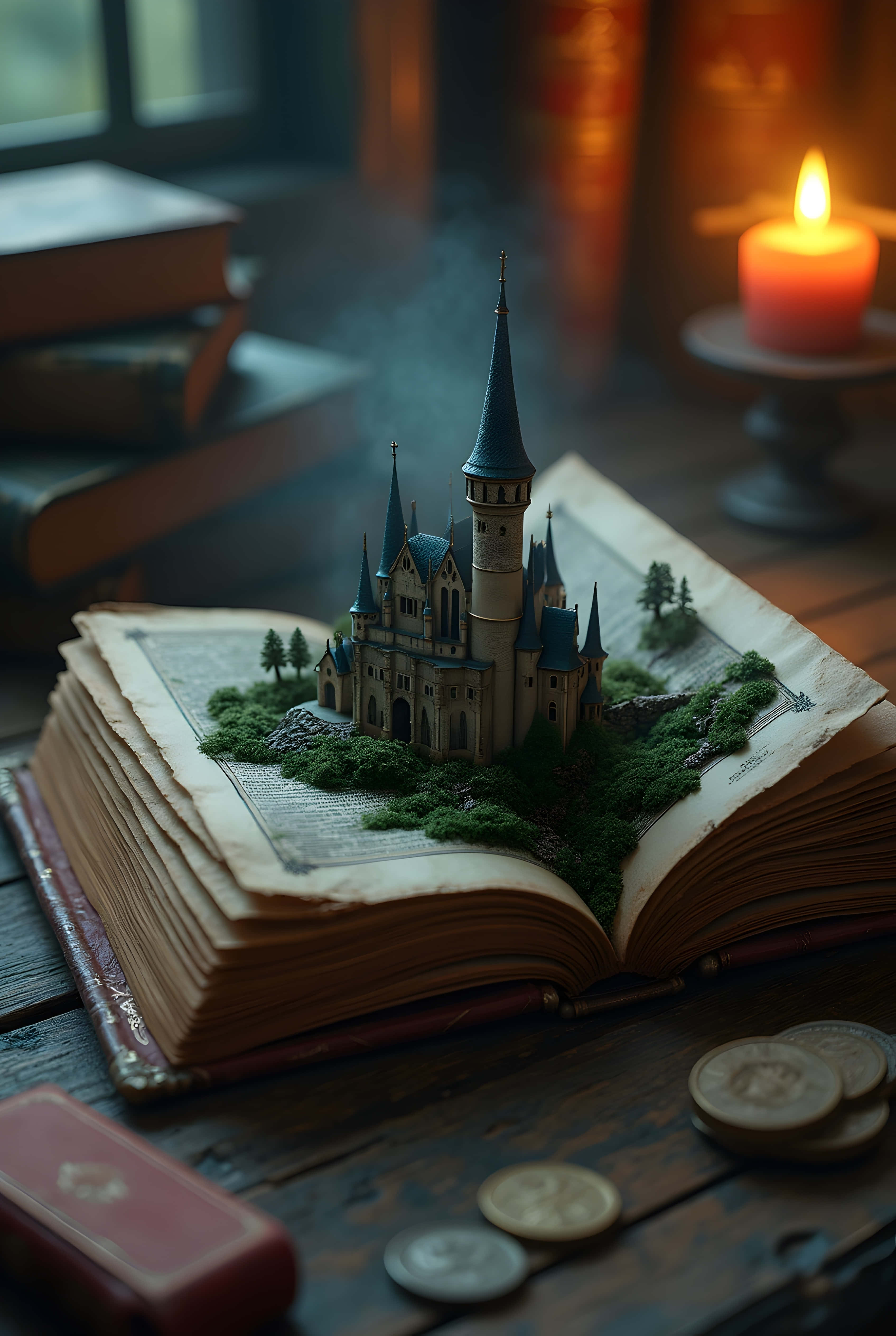 storytelling 桌布 壁紙 — 一座帶有藍色尖頂的微型哥德式城堡從木桌上的一本打開的書中浮現，旁邊有一根點燃的蠟燭和散落的硬幣。