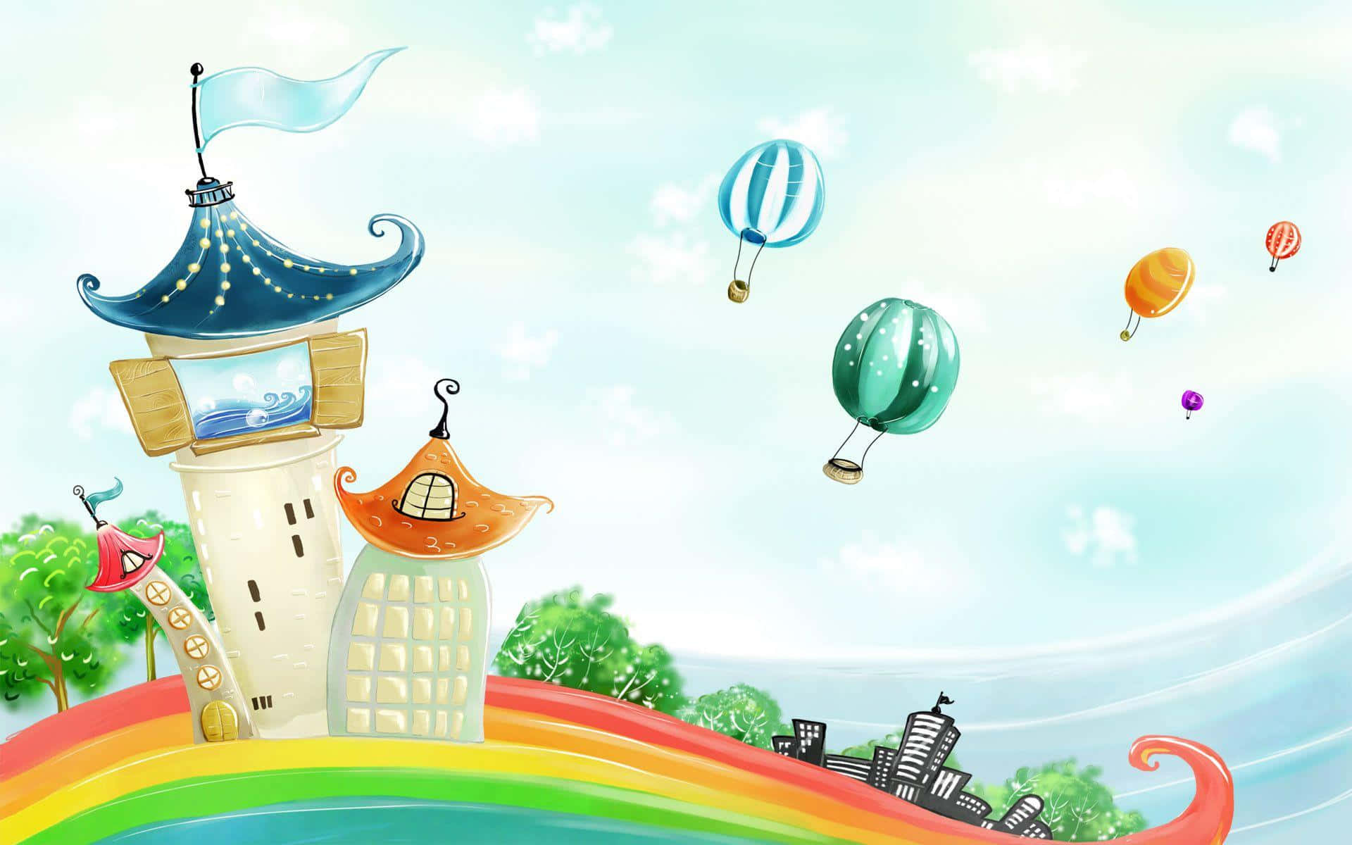 小孩動圖 桌布 壁紙 — 一座帶有藍色旗幟的奇幻卡通城堡棲息在彩虹拱門上，色彩繽紛的熱氣球在柔和的天空中飄蕩。
