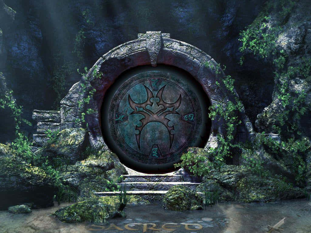 自然 桌布 壁紙 — 一座帶有複雜圓形雕刻的古老石拱門矗立在沐浴在柔和光線中的長滿苔蘚的森林空地上。