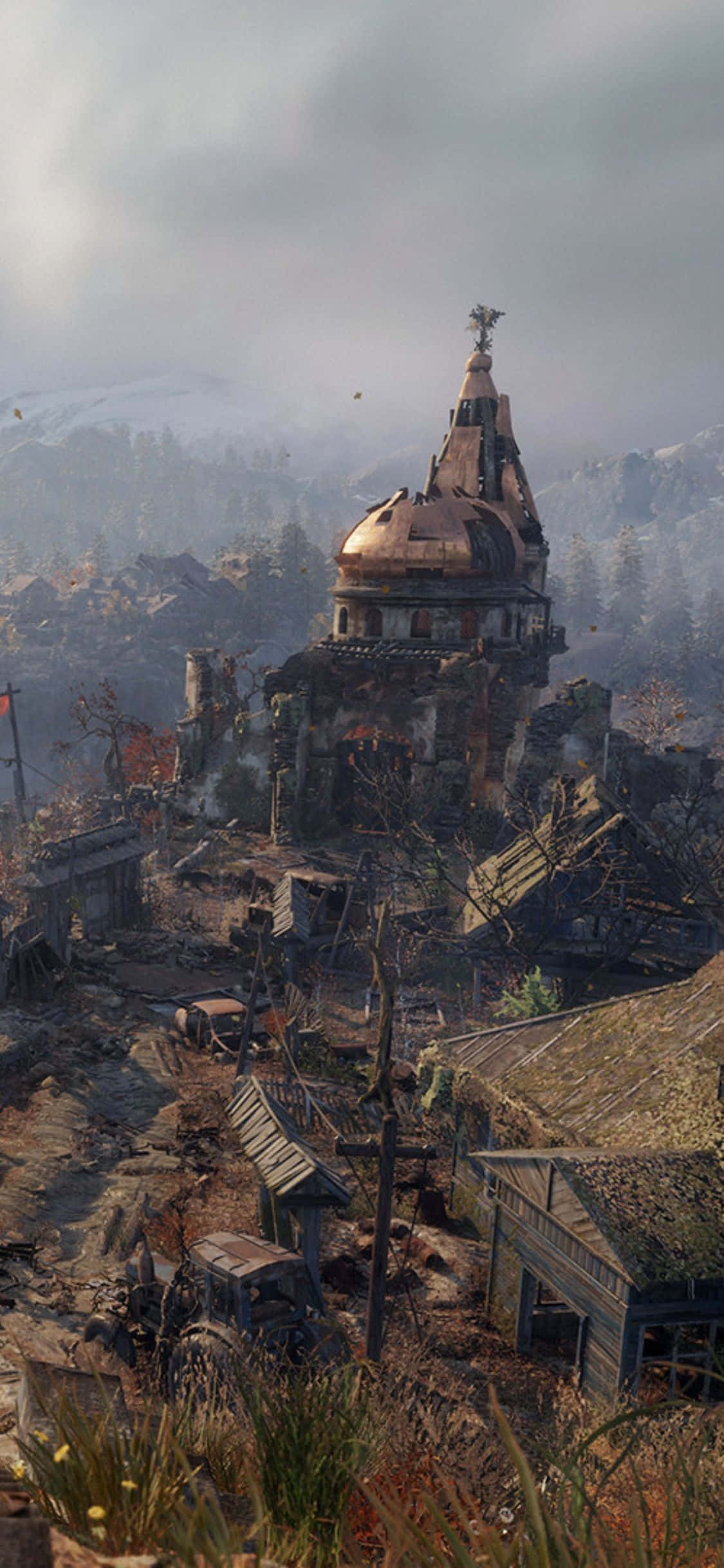 iPhone X Metro Exodus 桌布 壁紙 — 一座廢墟圓頂教堂矗立在倒塌的建築物和雜草叢生的植被中，位於荒涼的冬季荒地。