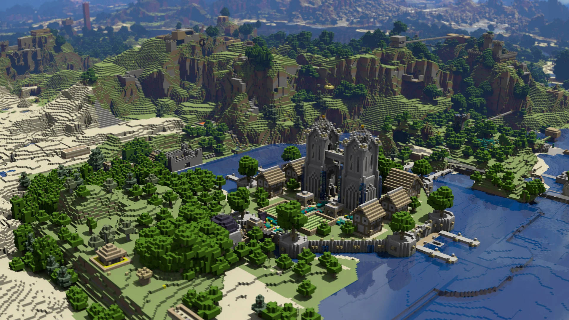 高清 桌布 壁紙 — 一座廣闊的Minecraft城堡坐落在河岸上，周圍是茂密的綠色山丘和懸崖，在明亮的日光下。