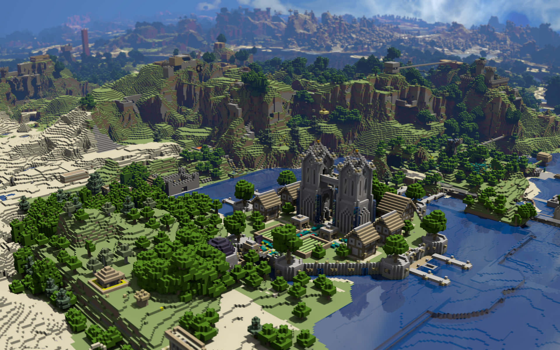 Minecraft Map 桌布 壁紙 — 一座廣闊的Minecraft城堡小鎮，坐落於藍色河流旁，被綠色森林和岩石丘陵環繞，天空明亮。