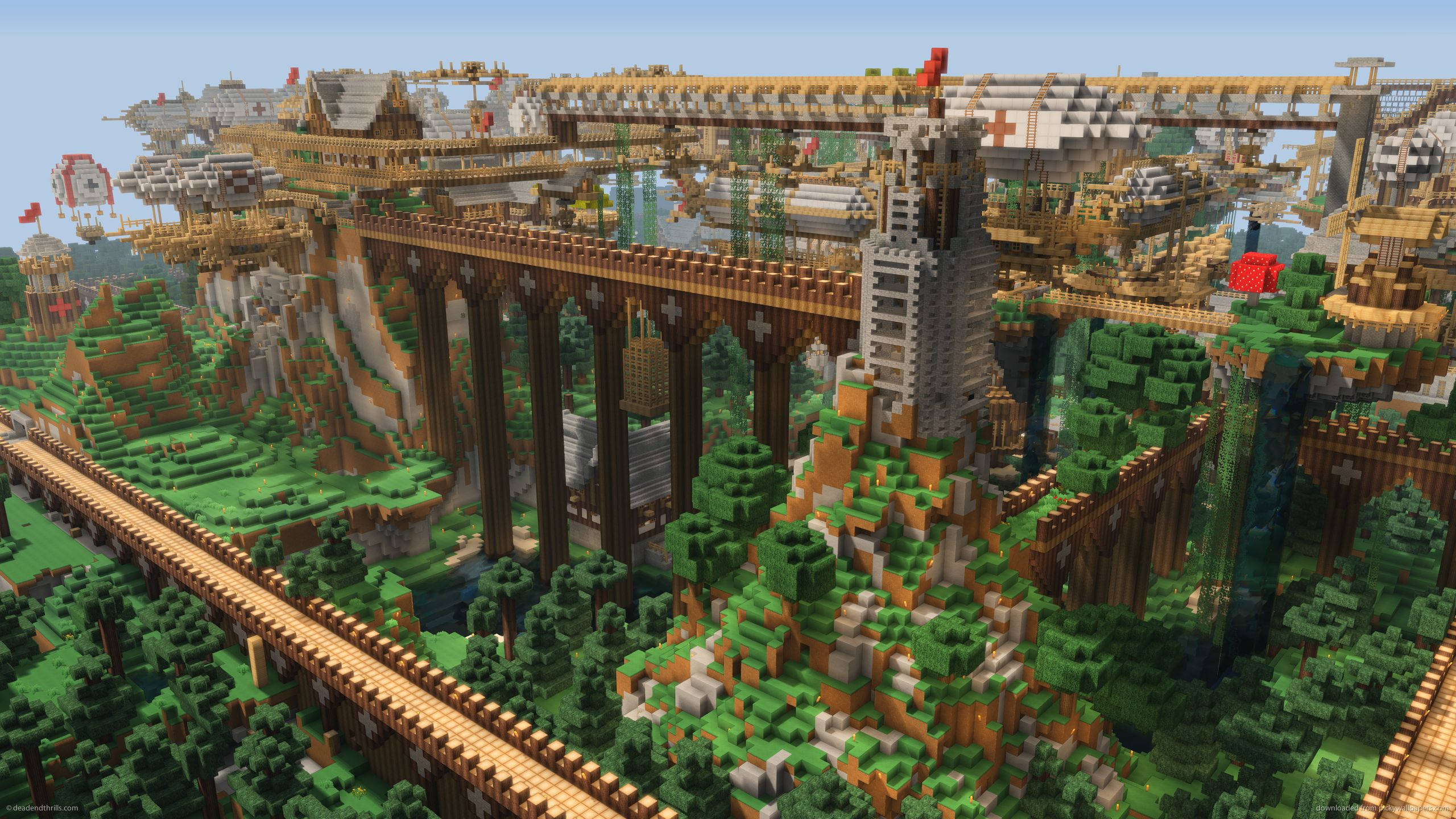 4K Minecraft 壁紙 桌布 壁紙 — 一座廣闊的Minecraft風格城市，建在漂浮島嶼和橫跨鬱蔥綠色峽谷的巨大橋樑上，天空清澈湛藍。