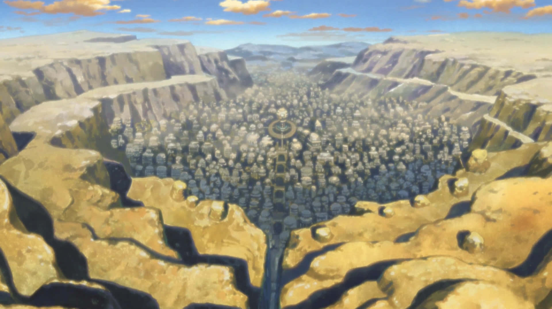 Hidden Sand Village 桌布 壁紙 — 一座廣闊的動漫城市坐落在巨大的峽谷中，上方是明亮的藍天，點綴著幾朵雲。