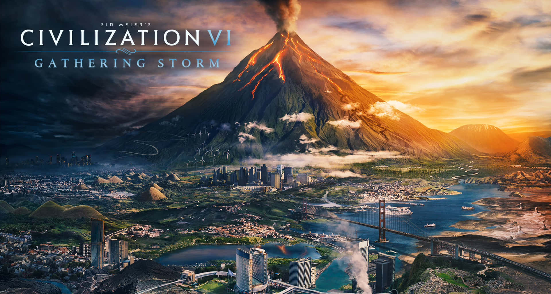 Steam Games 桌布 壁紙 — 一座廣闊的未來城市，坐落在戲劇性日落中發光的火山山腳下。