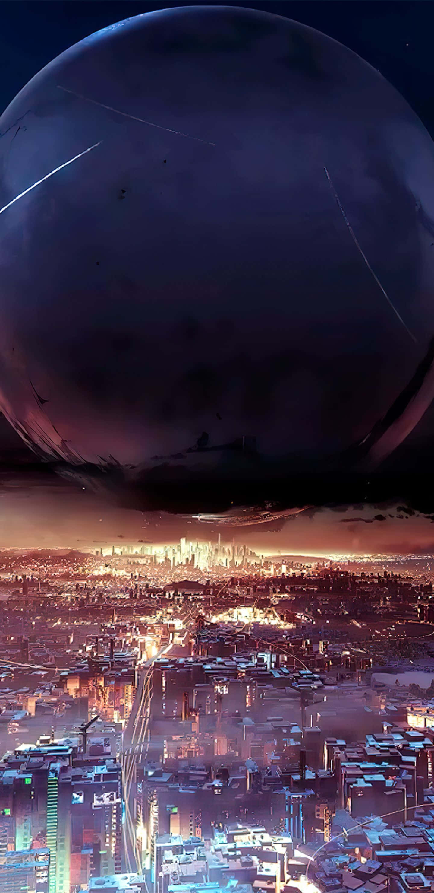 Sphere 桌布 壁紙 — 一座廣闊的未來城市在巨大的黑暗行星下發光，流星劃過暮色天空。