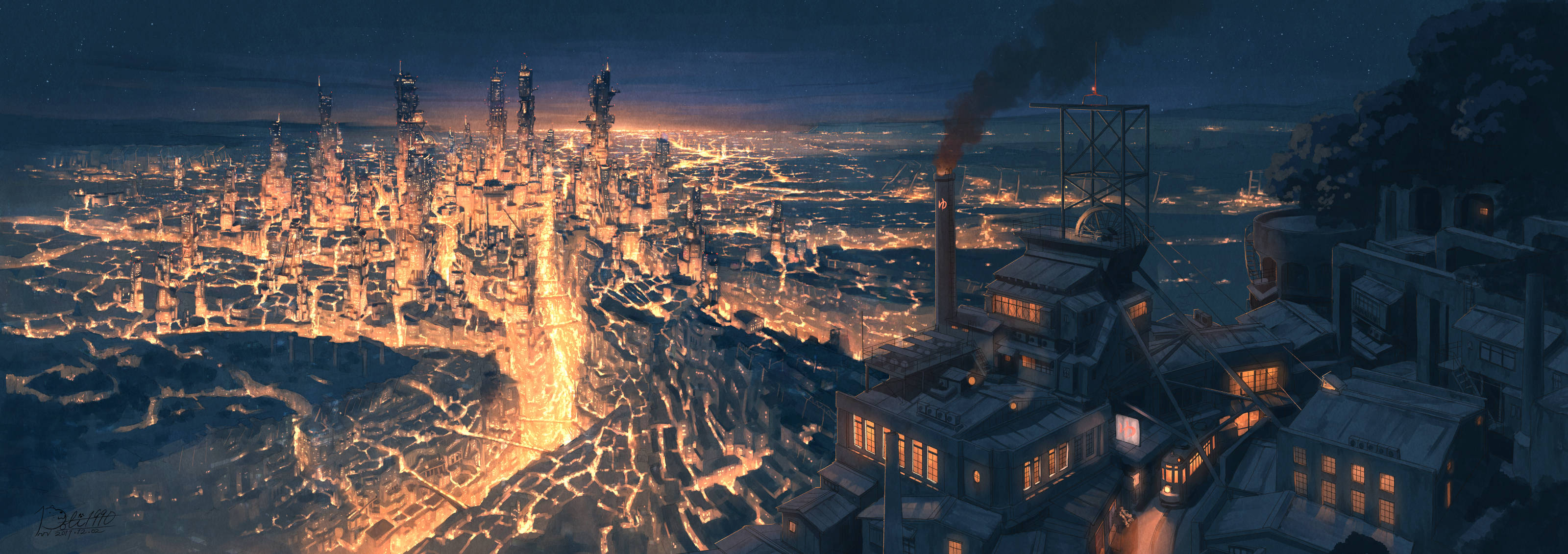 Anime Night City 桌布 壁紙 — 一座廣闊的未來城市夜景，橙色燈光閃爍，高聳建築物在黑暗的天空下矗立。