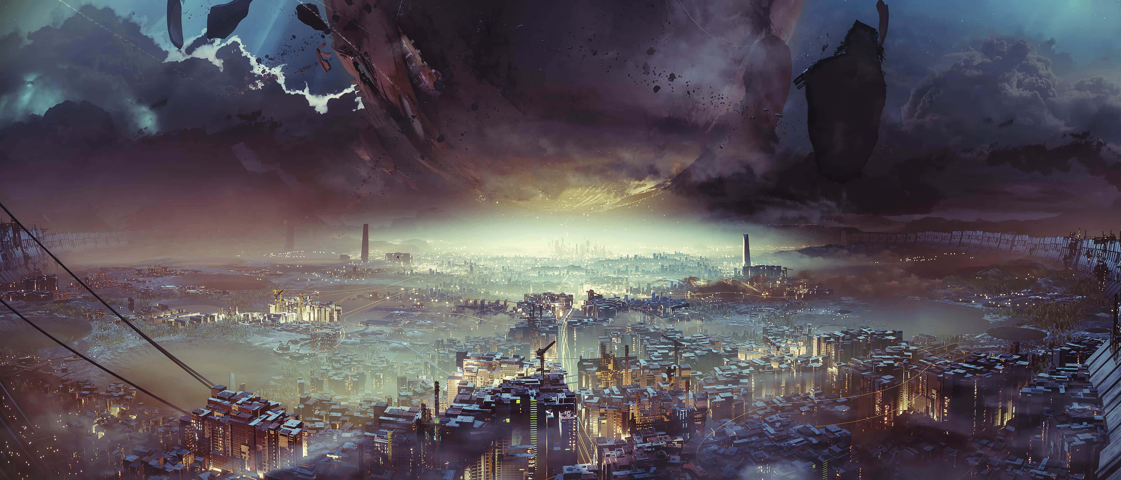Destiny 2 桌布 壁紙 — 一座廣闊的未來城市沐浴在暮光之中，天空風暴肆虐，漂浮著碎片。