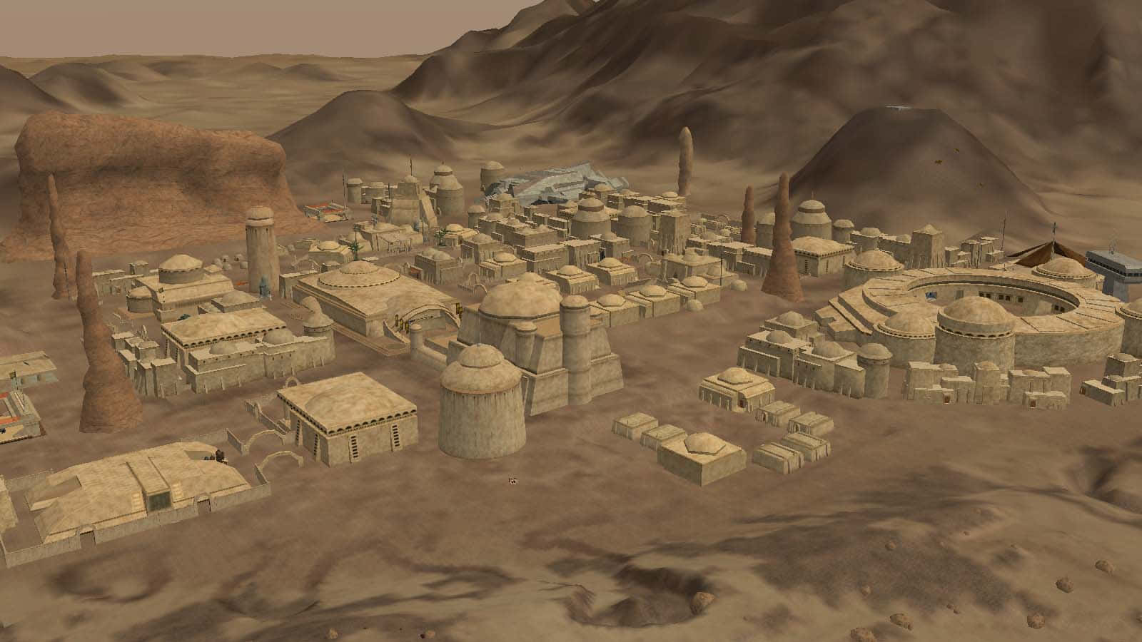Mos Eisley 桌布 壁紙 — 一座廣闊的沙漠城市，圓頂和圓柱形建築散落在沙丘和岩石山丘之間，天空朦朧。