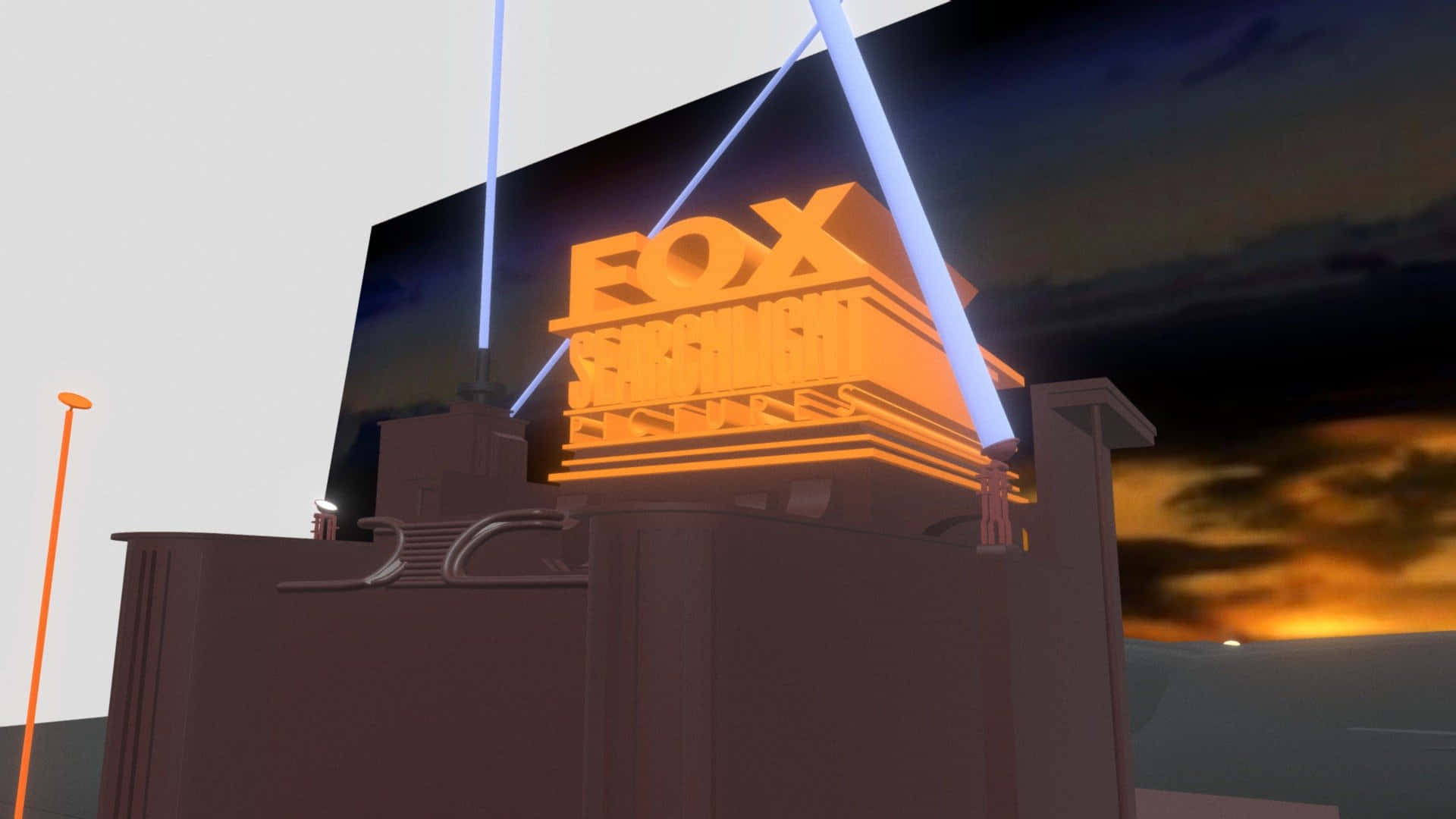 標誌 桌布 壁紙 — 一座建築物頂上發光的橙色Fox News標誌，背景是戲劇性的日落天空和藍色光束。